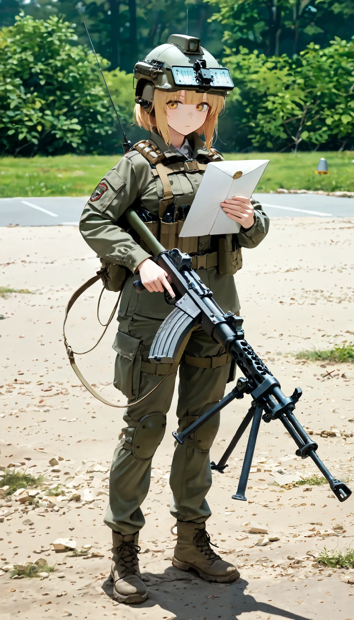 1 girl, machine gun ,buntie , projectile shell , ammo belt, full body, outdoors,, ( masterpiece, envelopes,highres, perfect hands), masterpiece, envelopes, ultra detailed , very detailed illustrations , extremely detailed , intricate details ,highres, super complex details , extremely detailed 8k cg wallpaper