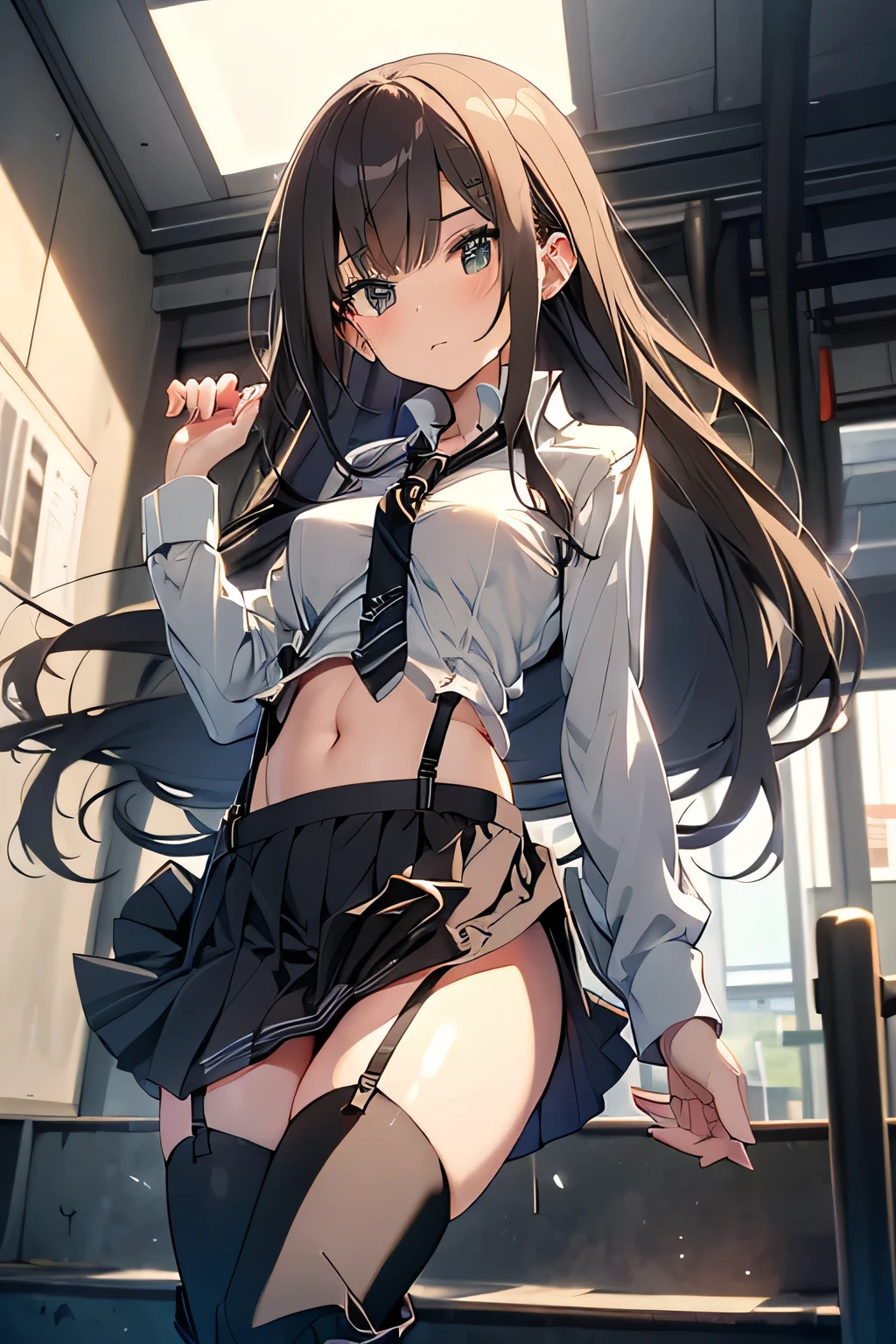 brown hair、looking at the viewer suspenders Bulging big breasts Black miniskirt garter belt knee high socks Gaze small face bangs Beauty hands up Gaze black boots provocation armpit sweat one person put your hands behind your back cutter shirt Panty shot ginka