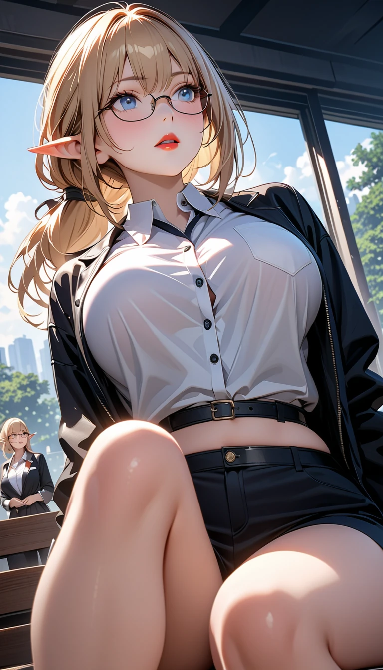 ((tmasterpiece:1.4, Best quality))+, (hyper-detailing)+, (exquisite red eye:1.5)+, (Detailed ears:1.5), (cute girls), (The shirt,black long pants:1.5), Tight black silk, Very long hair, (Red Odachi:1.2), pale-skinned, (red cloth:1.5), (cloth shoes:1.4), Town, Sitting on a park bench, gold earring, blue butterflies, delicate legs,Blade effect,Red sunglasses, (Wanderers:1.1), (dawn light:1.2), ), (closeup cleavage:1.1), the only person, Hairbell, coiffed blonde hair, hair covering one eye, V-shaped eyebrows, Gloom (expressed), from back, from the above, Best quality, A high resolution, high detal, high high quality, 16k
