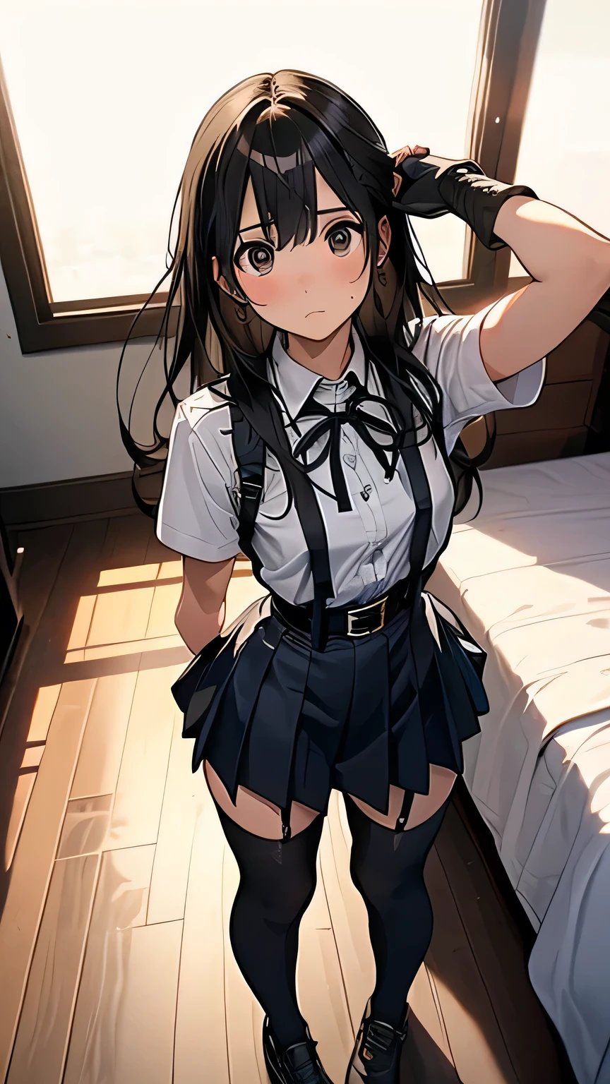 1 female, , high quality, masterpiece, Ultra-high resolution, , Cinema Lighting, , , And the suspenders with the cranes flying Moderate breasts Large Breasts Small face holster Lying in bed Looking up Sweat belt summer 脇Sweat Black Hole Gloves suit garterbelt Leg Links ズボンにbelt holster Hands behind your back Anxious expression Looking up Anxious face Knee-high Knee socks Knee-highソックス garterbelt garter ふとももにgarterbelt Checkered mini skirt Necktie Headband ribbon