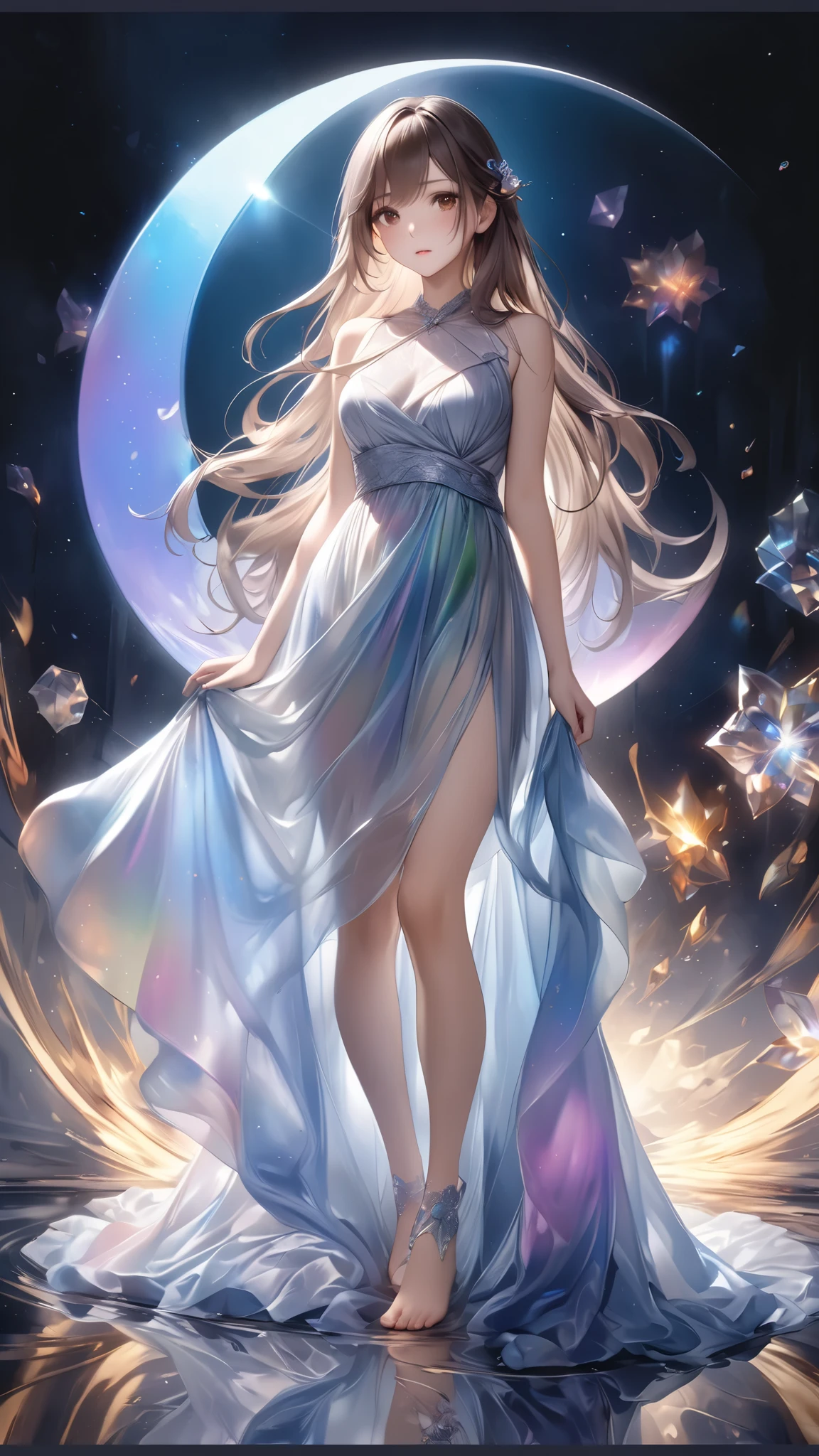 Ultra-realism, Watercolor style, Dark fantasy, mysterious, 
break Emphasizing the presence of the subject, Detailed and vivid depiction, Detailed and realistic skin texture, mysterious, 
break Crystal Clear, ガラスのようなReflection of light, Silky luster, Transparent pastel colors, Transparency, For great images, mysterious, 
break (A girl flying through the night sky towards the moon:2.0, mysterious), beautiful, Captivate the whole audience, 
break Highest Quality, Highest quality, Highest Resolution, Perfect dynamic composition, Shoot from the most attractive perspective, 
break [Succubus|sun], ((Wearing an evening dress)), (Long Hair, Platinum Gradient:1.3), (Attractive brown eyes,) Indifference, kind, mysterious, 
break Strong and fleeting eyes, 高いTransparency, Reflection of light, Transparent luster, beautiful,  
break Detailed and beautiful skin texture, Expressing an attractive softness, beautiful, 
break Luxury Costume, The suppleness of silk, Silk texture, Silk luster, Crystal Clear, beautiful, 
break Ultra-realism,Delicate depiction, Highest quality, Highest Resolution, 
break Emphasizing the presence of the subject, Fantastic Fog, Transparent light, 
break High contrast, Cinematic Lighting Effects, Fantastic iridescent colors, Black light, Holographic, 
break (Dynamic wide-body shot:1.4, Ankles inside the frame:1.3), Surprise all the viewers、Let&#39;s impress, 