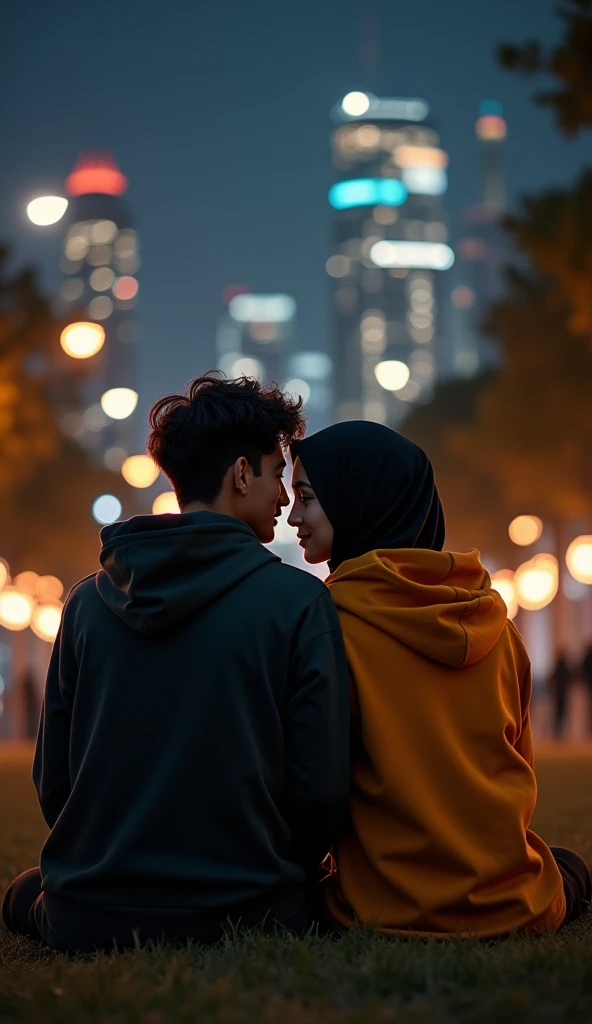young man shorty black messy haircut with a young hijab woman, facial forward, wear hodie jacket clothes, standing while lean back on the wall building outdoor the cafe on the new york city, at night, natural, sweetly smile, lighting pole lamps, starlight, colorful neon lights lamps, real hyper realistic, real human jepang, UHD 8k, detailed photo, perfect face, detailed places, landscape, full body, photo was taken from a distance on stone land sidewalk the new york city