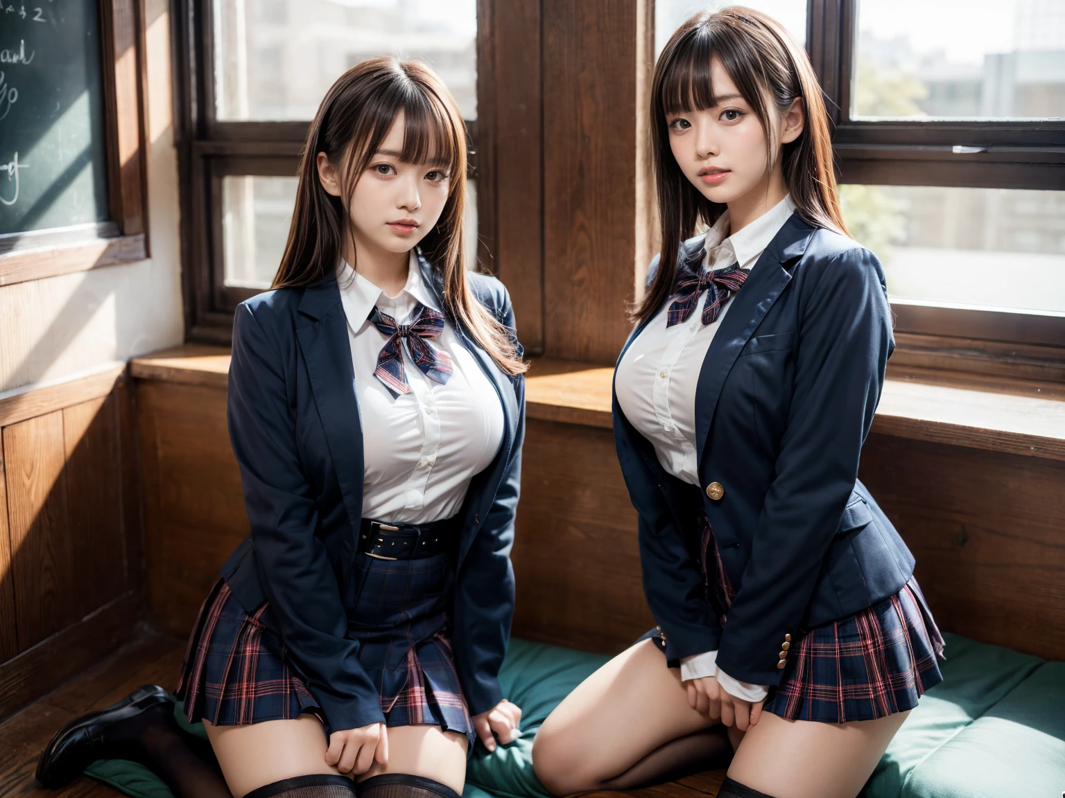 masterpiece, best quality, illustration, Super detailed, fine details, High resolution, 8K,wall paper, perfect dynamic composition,(Details High quality, realistic depiction of eyes:1.3), (2 girls, 2 schoolgirls:1.2), from side, High School Classroom、High school girl uniform、blazer 、Super Short Check Uniform Skirt、Navy blue high socks、garterbelts、Colossal tits、Disturbed uniform, short bob hair, black hair color, huge breasts, Big Natural Color Lip, bold sexy pose, (perfect body shape), crying a little、 Harajuku style、20 year old girl、 beautiful legs, hposing Gravure Idol, Voluptuous thighs