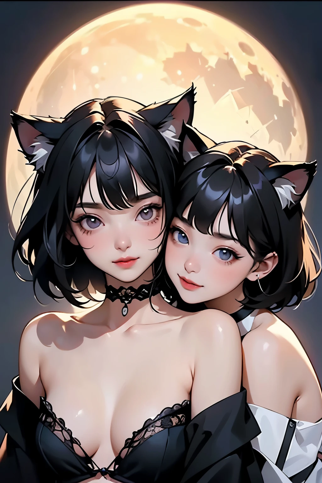 ( two girls :1.2)、whole body、( Gothic World Tea Party :1.2)、( gothic fashion :1.2)、( they're kissing each other )、 ( depict cute faces in detail )、 black hair、 short hair、 semi-long、 bob cut、 bangs、 hair ornament、(Cat ears)、 black cat costume、 White cat costume 、 choker 、( lingerie)、 off shoulder 、 sexy mini dress、, , , charming smile、 small breasts、 soft focus、 Cinematic Light 、Soft light、 ( simple background)、( dark background )、(( Use a plain background ))、(Full moon in the night sky:1.2)、4K Anime Art、( best quality , Masterpiece, high resolution)、