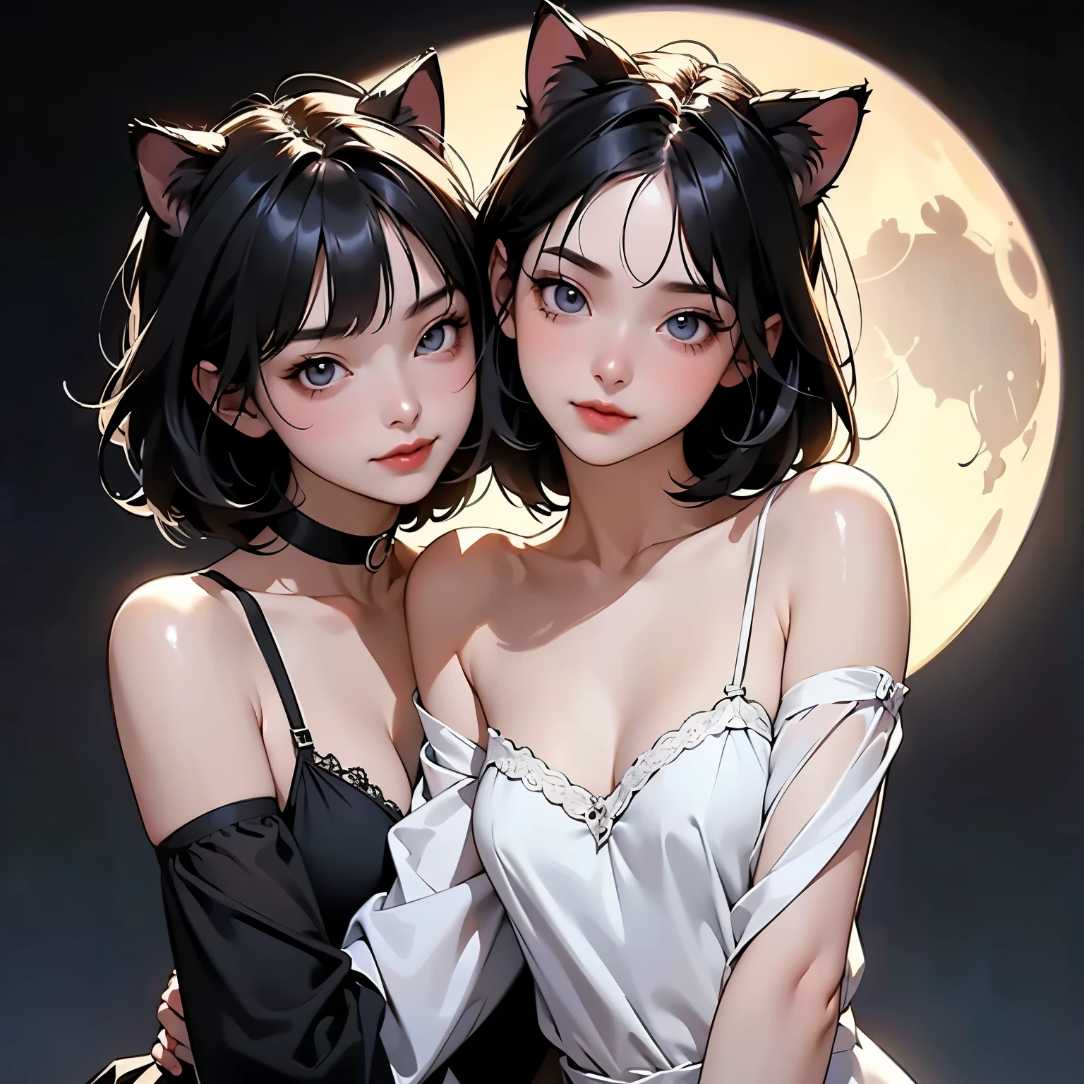 ( two girls :1.2)、whole body、( Gothic World Tea Party :1.2)、( gothic fashion :1.2)、( they're kissing each other )、 ( depict cute faces in detail )、 black hair、 short hair、 semi-long、 bob cut、 bangs、 hair ornament、(Cat ears)、 black cat costume、 White cat costume 、 choker 、( lingerie)、 off shoulder 、 sexy mini dress、, , , charming smile、 small breasts、 soft focus、 Cinematic Light 、Soft light、 ( simple background)、( dark background )、(( Use a plain background ))、(Full moon in the night sky:1.2)、4K Anime Art、( best quality , Masterpiece, high resolution)、