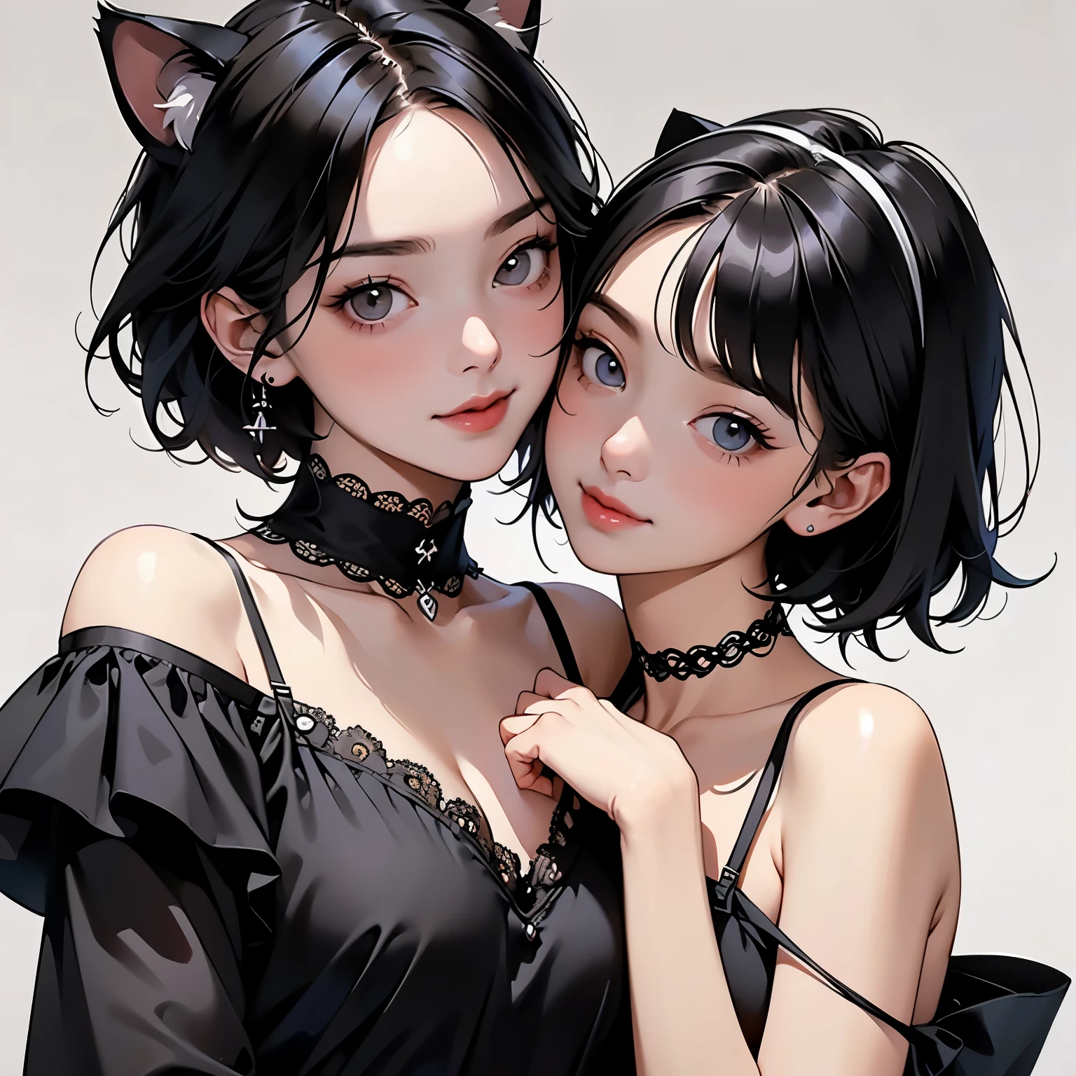 (   two girls :1.2)、whole body、(  Gothic World Tea Party  :1.2)、(   gothic fashion :1.2)、(   they're kissing each other   )、 (  depict cute faces in detail  )、   black hair、   short hair、   semi-long、   bob cut、 bangs、   hair ornament、(Cat ears)、   black cat costume、  White cat costume    、   choker 、(   lingerie)、    off shoulder  、   sexy mini dress、, , , charming smile、   small breasts、   soft focus、    Cinematic Light  、Soft light、 (   simple background)、(  dark background  )、(( Use a plain background  ))、4K Anime Art、(   best quality   , Masterpiece,   high resolution)、