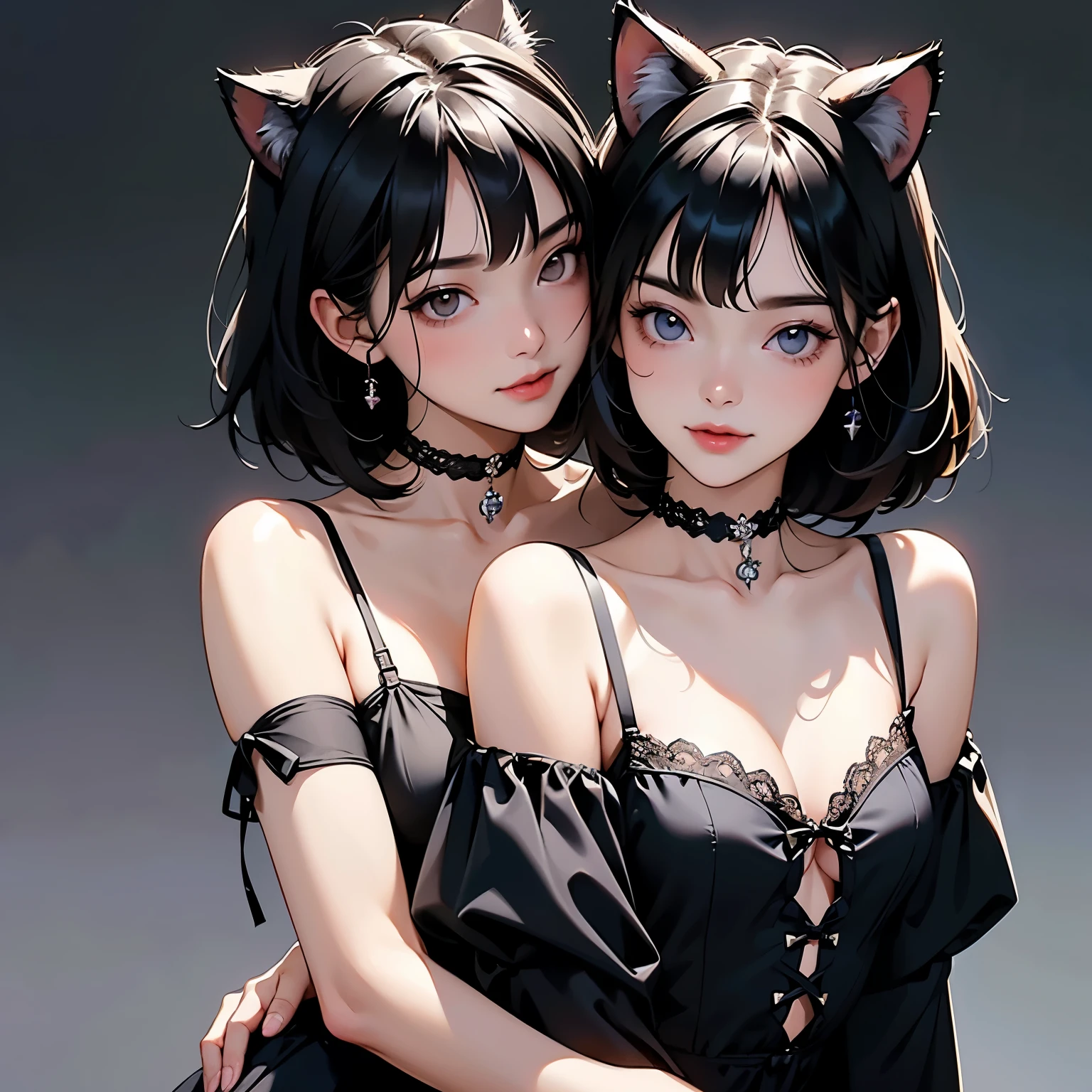 (   two girls :1.2)、whole body、(  Gothic World Tea Party  :1.2)、(   gothic fashion :1.2)、(   they're kissing each other   )、 (  depict cute faces in detail  )、   black hair、   short hair、   semi-long、   bob cut、 bangs、   hair ornament、(Cat ears)、   black cat costume、  White cat costume    、   choker 、(   lingerie)、    off shoulder  、   sexy mini dress、, , , charming smile、   small breasts、   soft focus、    Cinematic Light  、Soft light、 (   simple background)、(  dark background  )、(( Use a plain background  ))、4K Anime Art、(   best quality   , Masterpiece,   high resolution)、