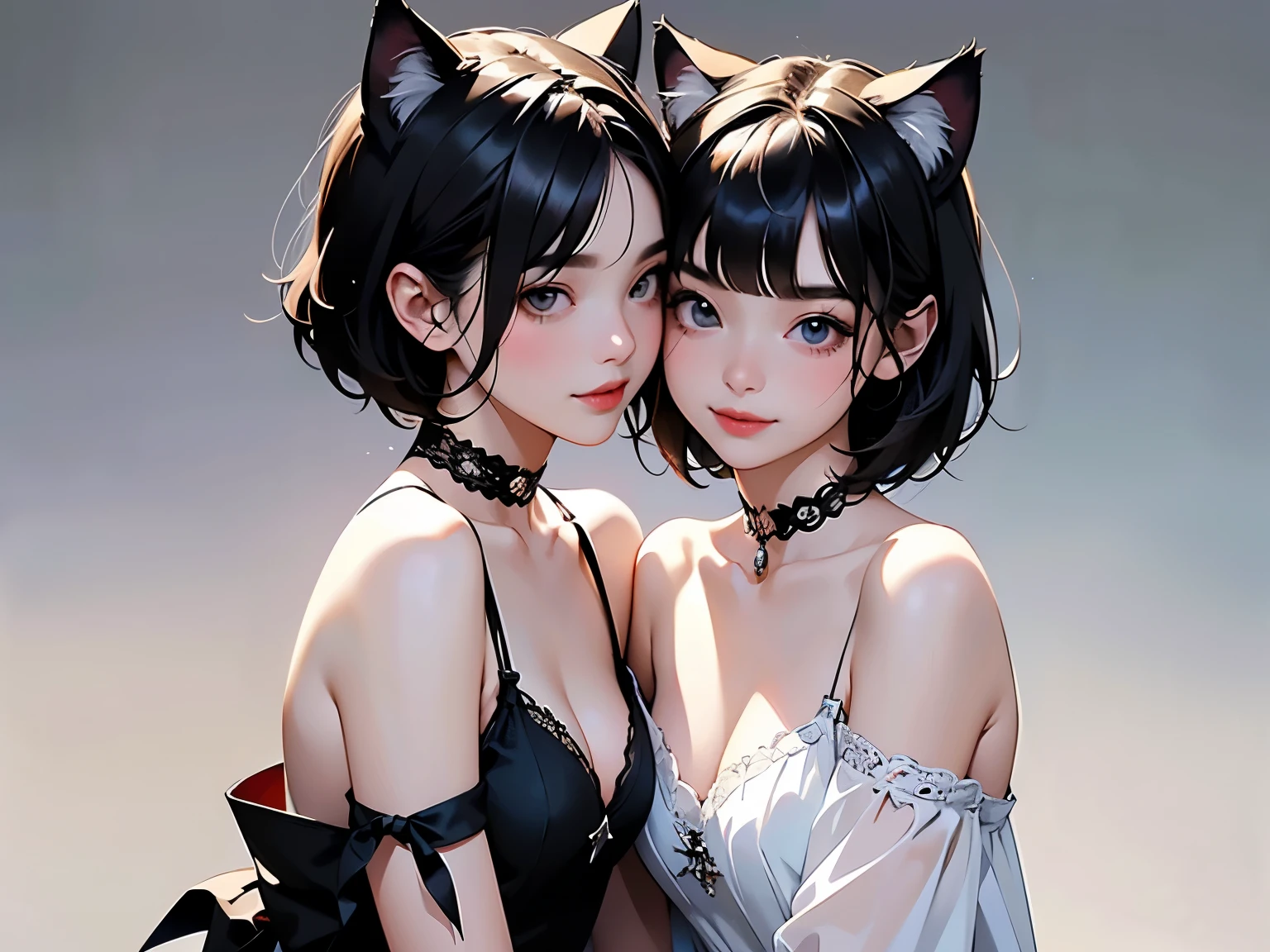 ( two girls :1.2)、whole body、( Gothic World Tea Party :1.2)、( gothic fashion :1.2)、( they're kissing each other )、 ( depict cute faces in detail )、 black hair、 short hair、 semi-long、 bob cut、 bangs、 hair ornament、(Cat ears)、 black cat costume、 White cat costume 、 choker 、( lingerie)、 off shoulder 、 sexy mini dress、, , , charming smile、 small breasts、 soft focus、 Cinematic Light 、Soft light、 ( simple background)、( dark background )、(( Use a plain background ))、4K Anime Art、( best quality , Masterpiece, high resolution)、