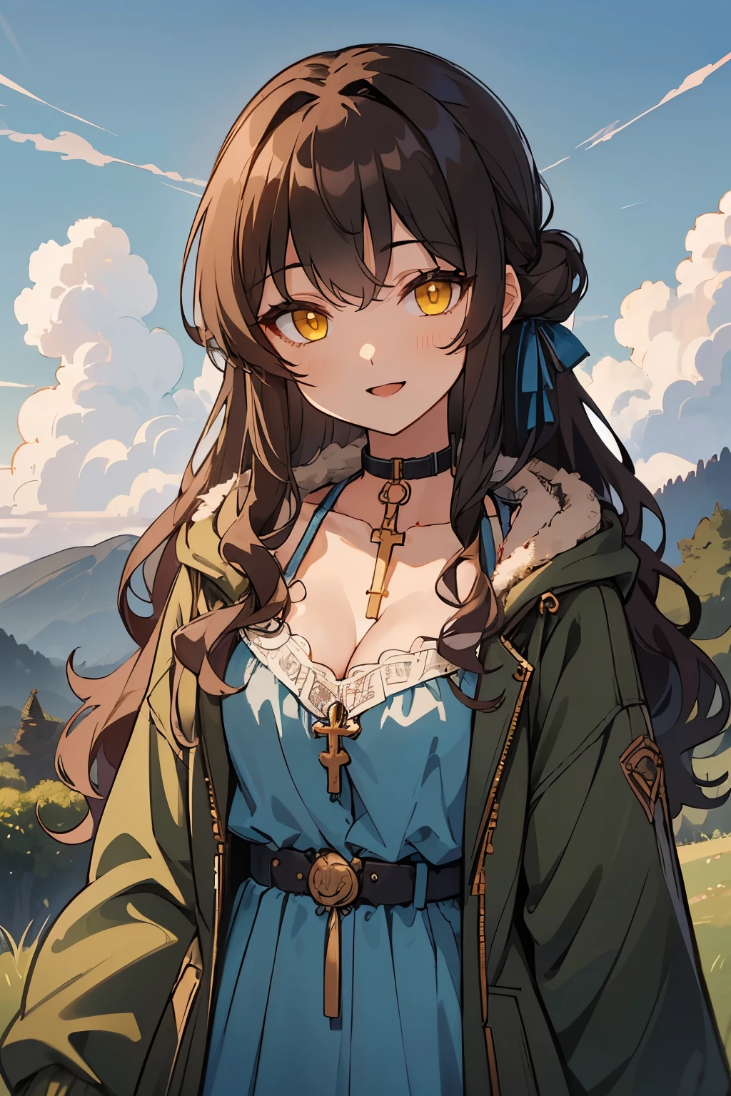 (masterpiece:1.2), (high quality:1.2), girls with((1girl, solo, brown hair, brown eyes, (wavy long hair, hairribbon, side chignon:1.3), breasts, choker, coat, cowboy shot, lace blue dress, black belt, collar, collarbone, rosary, rosary choker, cross, fur, khaki hoodie, green hoodie, hood down, hooded coat, hooded jacket, hoodie, jacket, long sleeves, medium breasts, open clothes, open coat,open hoodie, winter clothes, zipper, cleavage, upper body)), background with((architecture, blue sky, bush, castle, village, no humans, cloud, cloudy sky, day, field, garden, grass, hill, house, lamppost, landscape, mountain, mountainous horizon, nature, no humans, outdoors, scenery, shrine, sky))