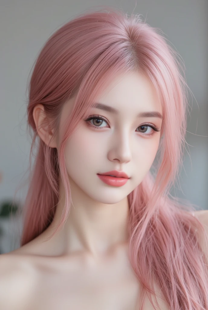 best quality, ultra high res, (photorealistic:1.4), (detailed beautiful girl:1.4), (medium breasts:0.8), looking_at_viewer, Detailed facial details, beautiful detailed eyes,pink hair, blue eyes, slender, haunting smile, (makeup:0.3), red lips, highly detailed clothes, (ulzzang-6500-v1.1:0.3)