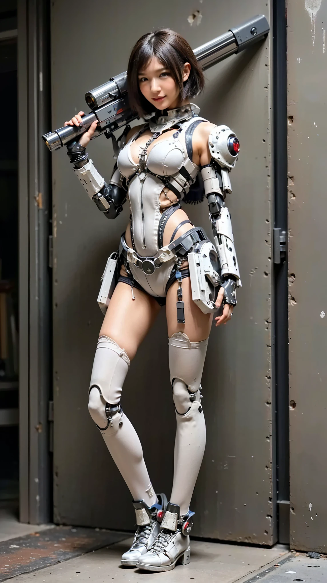 (Completely live action:1.37), (Amazingly realistic textures:1.37), (masterpiece, best quality:1.2), (8k uhd, 16k, 32k, ultra high res), amazingly realistic skin, amazingly realistic photo, superrealism, (photorealistic:1.37), (RAW photo), ultimately realistic, (ultimately realistic all details), (ultimately realistic all textures), super realistic lighting, super realistic shadow, (japanese girl:1.5), (realistic idol face), smiling, happy, super realistic face, ultimately realistic skin, ultimately realistic eyes, (mascara:1.35)ultimately realistic background, ultimately realistic detail up, (kkw-ph1:1.25), (Canon EOS R6, 85mm, 1/200s, f/5.6, ISO 1600), (tattoo), (mechanical armor:1.37), (blue eyes:1.2), (silver hair:1.3), 
