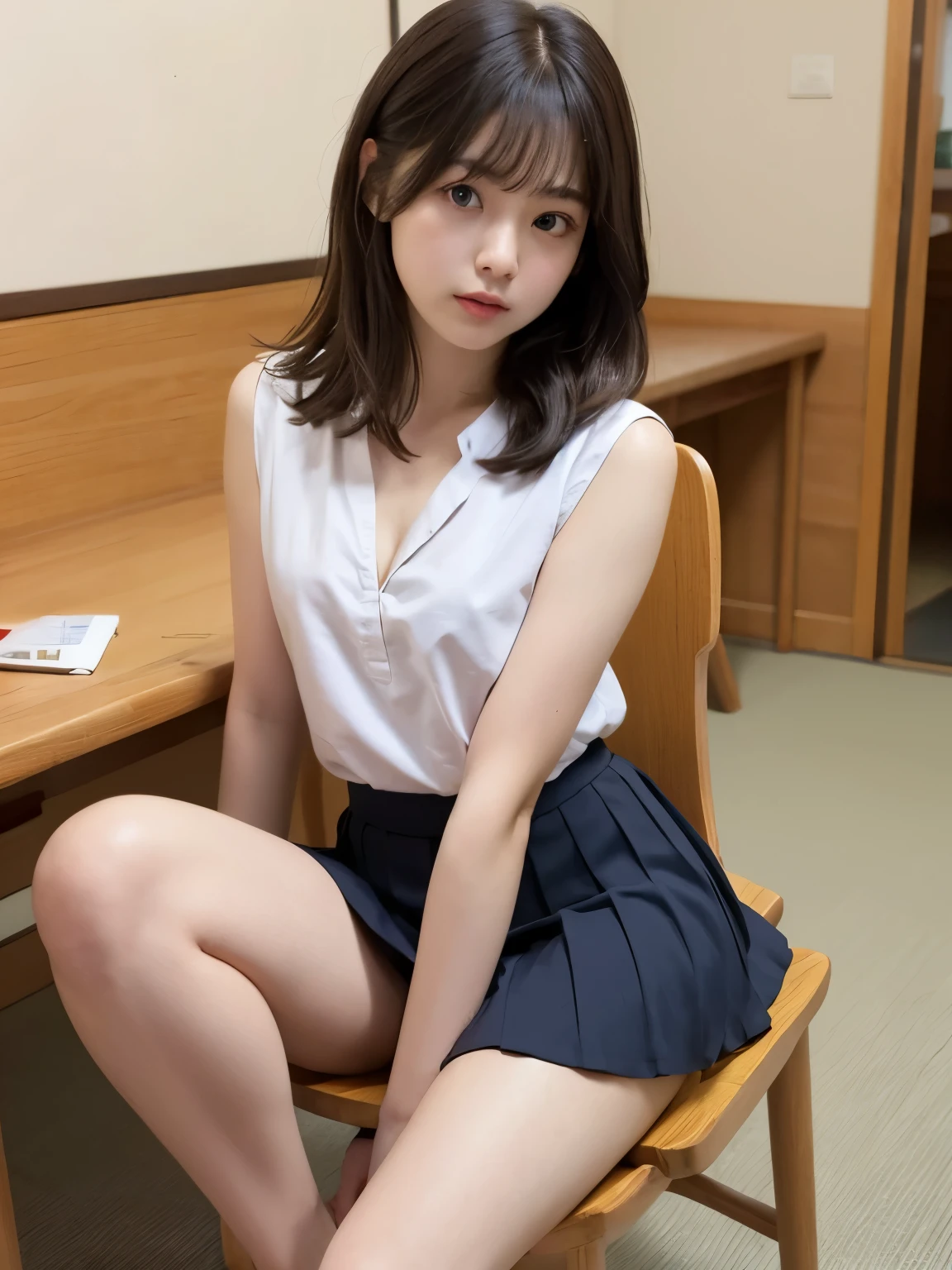 ((of the highest quality, 8K, masutepiece: 1.3, Raw photo)), Sharp Focus: 1.2, (1 AESPA Girl :1.1), Solo, (Realistic, Photorealistic: 1.37), (Face Focus: 1.1), Cute face, hyperdetailed face, short messy hair, small breasts, , (chiffon shirt, skirtlift: 1.3), ((Lift the hem of the skirt、Lift the hem of the skirt with both hands))、Lift the hem of the skirt herself, classroom, books, thigh