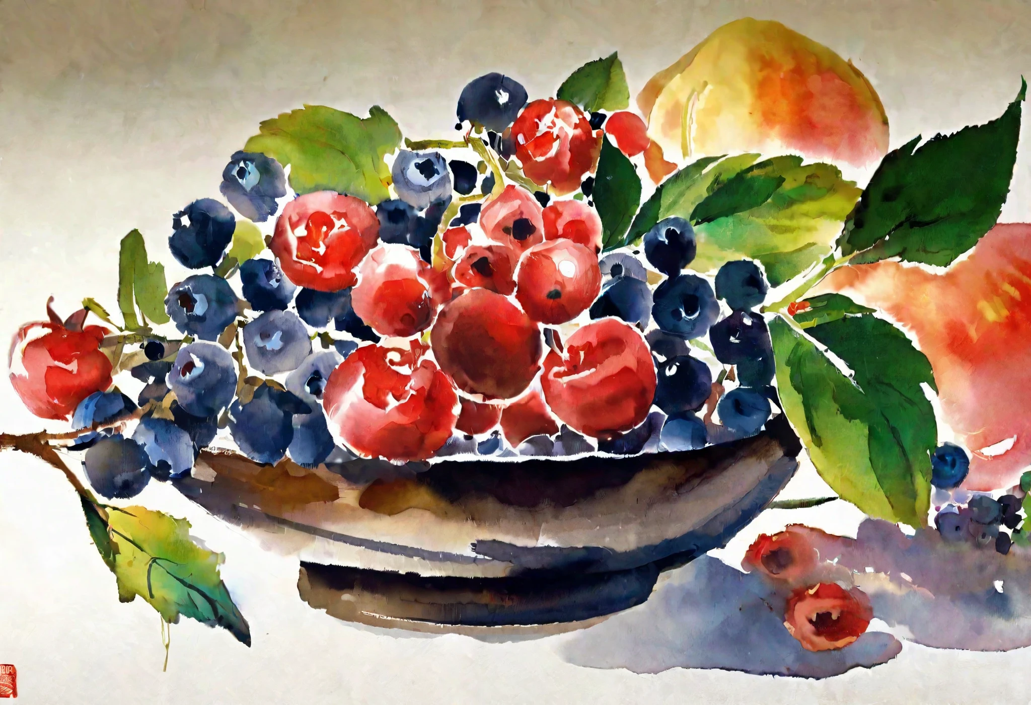 fruit、leaf、 painting of a bowl with berries。 on the table 。, watercolor detailed art, watercolor painting style, watercolor digital painting, watercolor illustration, watercolor art, watercolor painting, watercolor illustration style, watercolor画アート, watercolor, watercolor画, Fruit bowl, watercolor artstyle, watercolor style, watercolor masterpiece, Still life, watercolor画, 豊かなwatercolor画