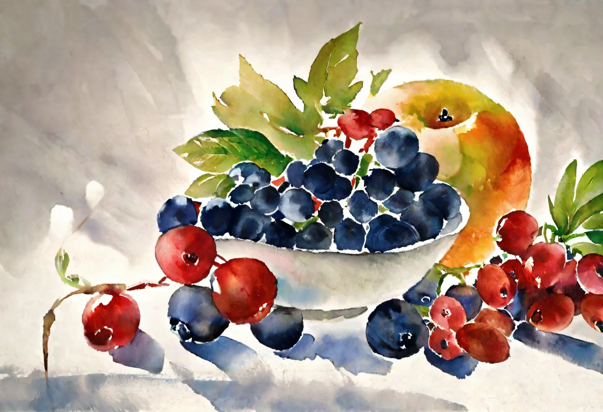 fruit、leaf、 painting of a bowl with berries。 on the table 。, watercolor detailed art, watercolor painting style, watercolor digital painting, watercolor illustration, watercolor art, watercolor painting, watercolor illustration style, watercolor画アート, watercolor, watercolor画, Fruit bowl, watercolor artstyle, watercolor style, watercolor masterpiece, Still life, watercolor画, 豊かなwatercolor画