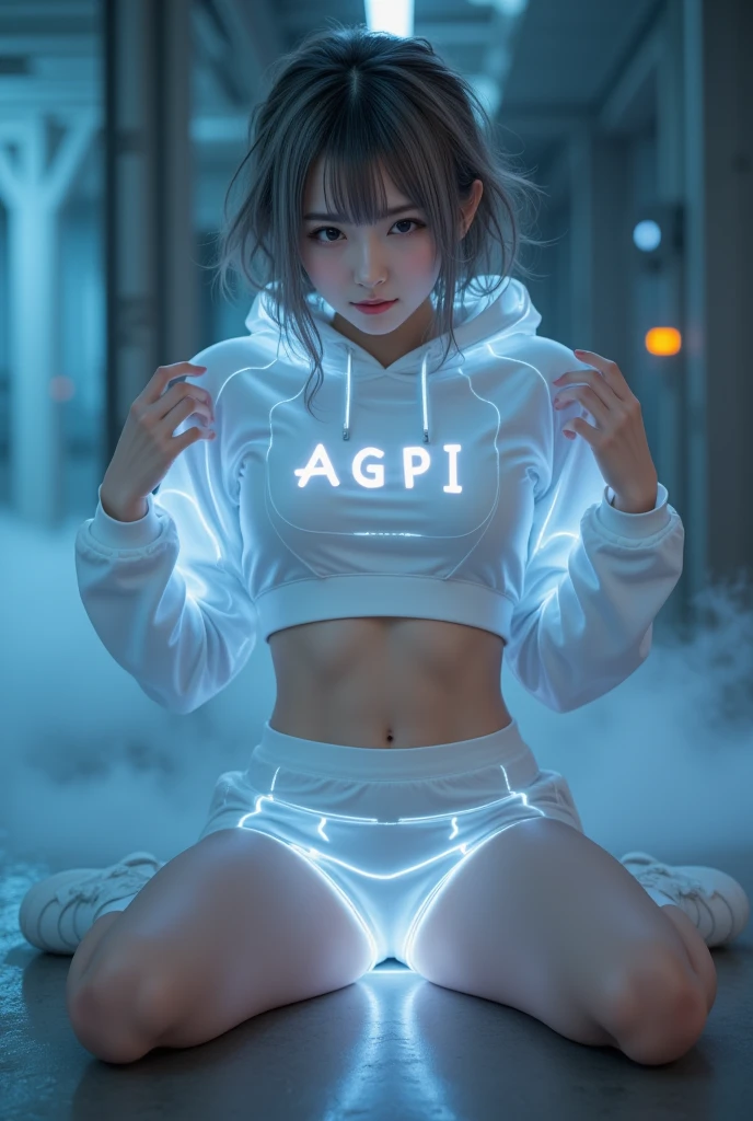 Korean girl, white long hair with bangs, icy blue eyes, white skin, white skimpy ninja suit, video game style, mortal kombat style