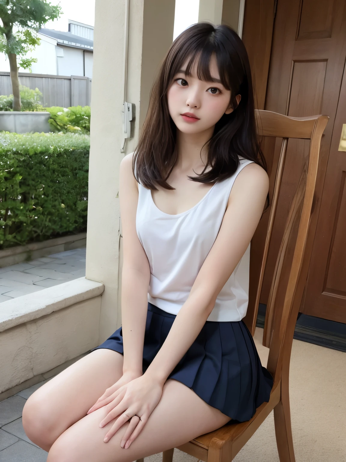 ((Best of the highest quality, 8k, Masterpiece: 1.3, raw photo)), Sharp focus: 1.2, (1 AESPA girl: 1.1), (Solo: 1.18), (realistic, photo-realistic:1.37), face focus, cute face, finely eyes, (Small breasts, flat chest, Thigh: 1.3), (Off-the-shoulder chiffon dress skirt: 1.4), short messy hair, (Roll up the skirt: 1.2), (Lift skirt hem), (Lifting skirt while standing to show off panties to us: 1.4), garden, flower,