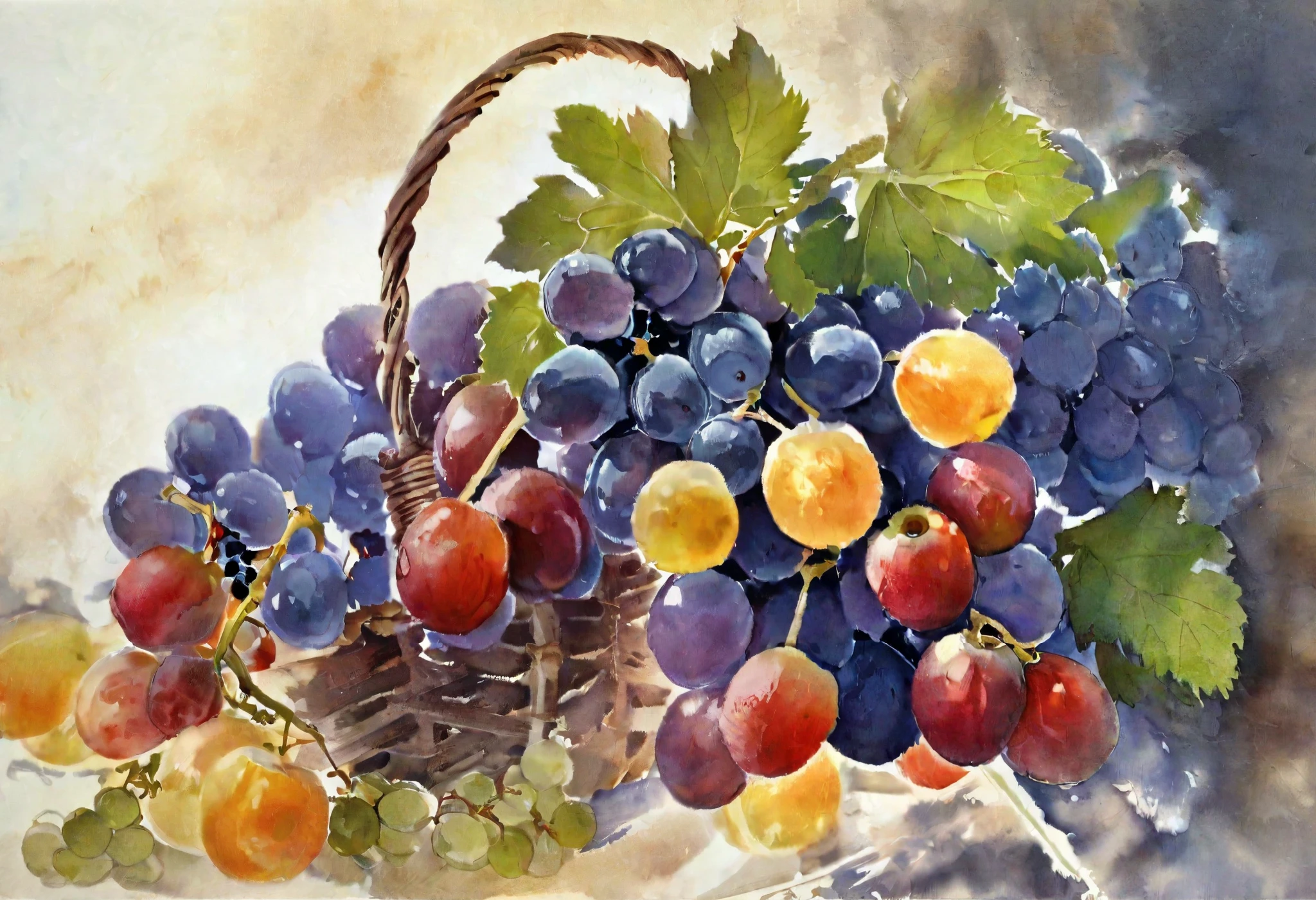 りんごと fruit basket の絵, , Grapes, and , a watercolor by Dechko Uzunov, dribble, realism, fruit in a basket, fruit basket , a fruit basket , fruit, painting, , 豊かな watercolor, Still life, watercolor, watercolor, Traditional Art , Fresh fruit