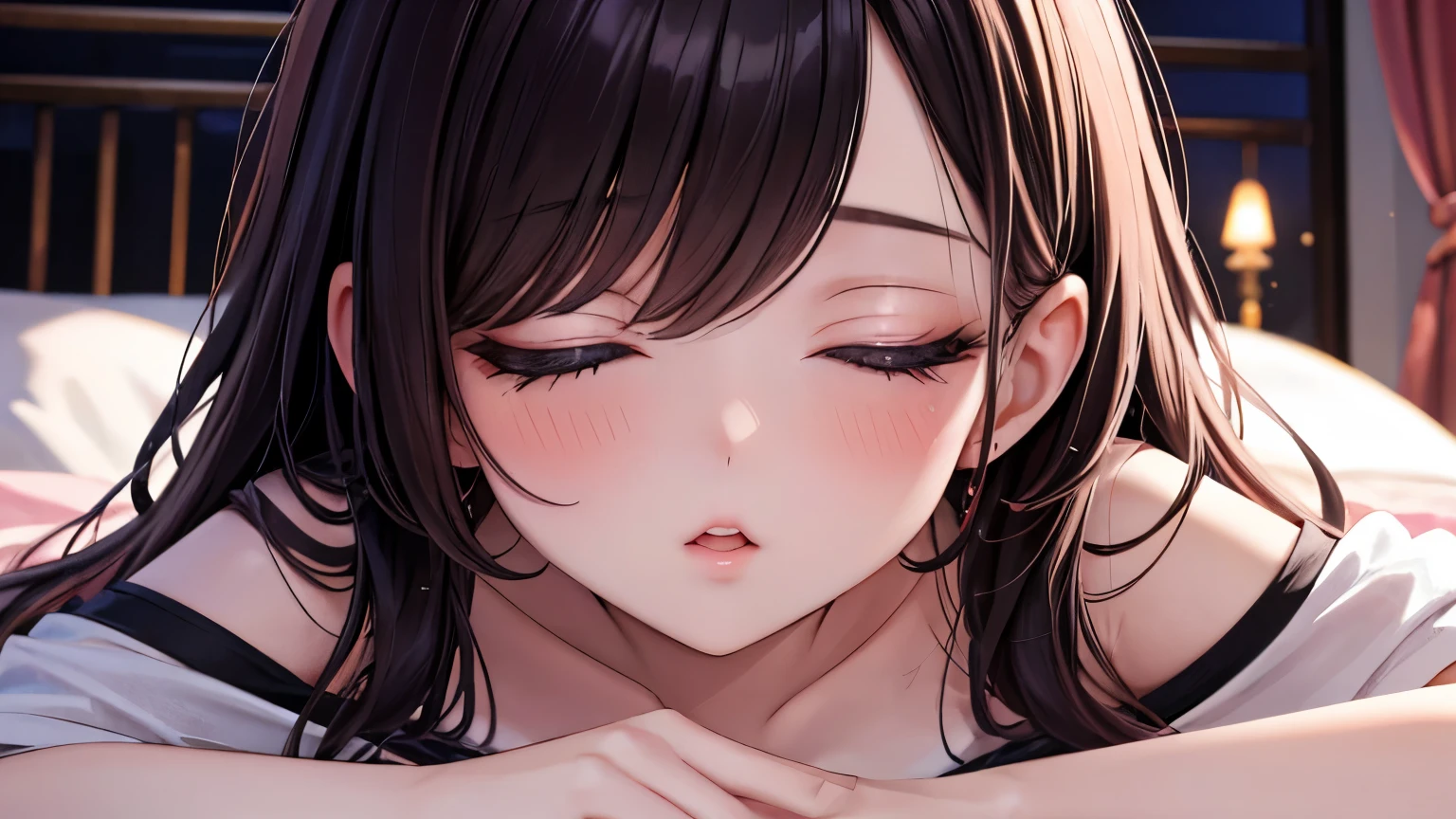 Close up shot, cute , black hair in two medium ponytails, sexy eyes, intense eye contact, small nose, red lips, orgasmic face, neck, collarbone, loose dark pink t shirt, bare shoulder, lying in bed, bed, bedroom, dark room, one lamp,, in bed