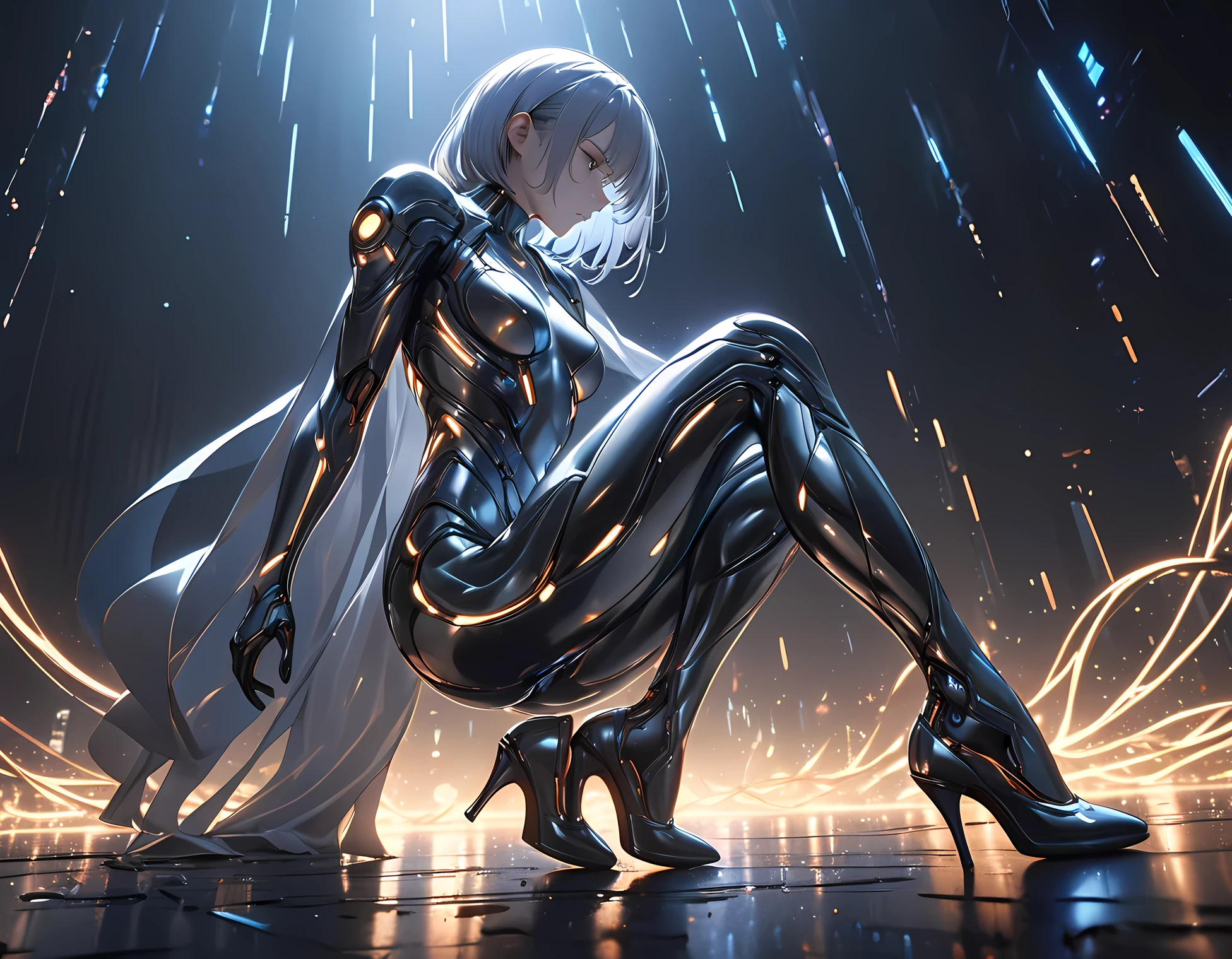 sparkle, cinematic lighting, UHD, (best quality:1.2), high quality, high details, ((anatomically correct)), textured skin, super detail, accurate, Cyberspace, SF, spectacle, independent woman, loneliness, sadness, high-performance costume, Beautiful legs, high heels, Metal suit that follows the contours of her body