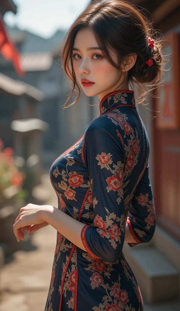 RAW photo, (Random shot, full body in frame, Side view focus, Dutch Angle), ((Asian adult female, one-person,) (traditional Chinese dress, one-piece, dark navy, long length, elegant, embroidered, decoration, fascinating,) random posing, stylish, cool, cute, sexy),