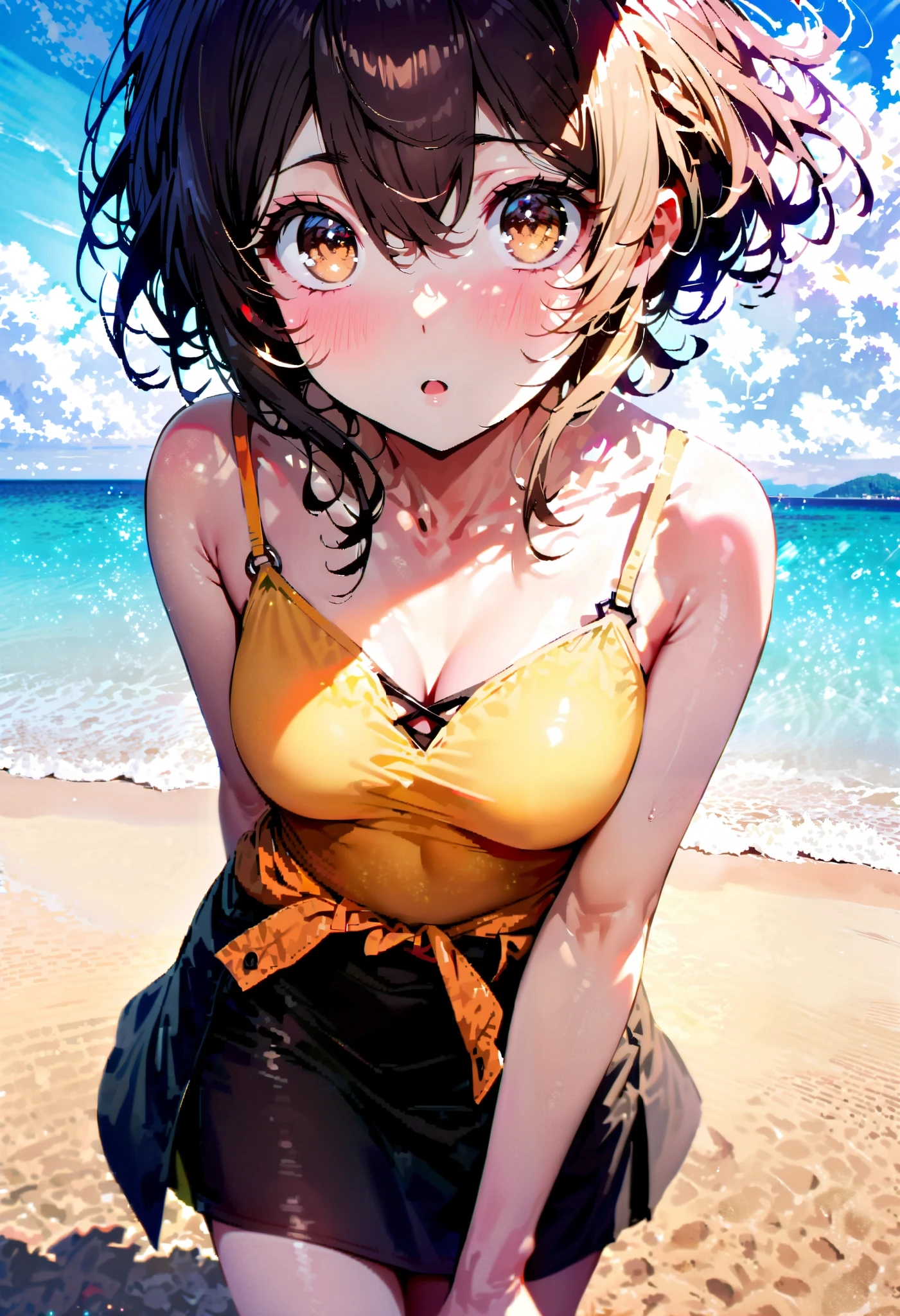   score_9,   score_8_  up,   score_7_  up,   source_Anime,
Liliru Card, Lilyrka is burning ,   brown eyes,   tea hair,   short hair, small tits ,Yellow bikini swimsuit,黒色  Beach  サロン, I wear a long black skirt around my waist,  walking  ,  barefoot,Bare legs,whole bodyがイラストに入るように,
break looking at viewer,whole body,
break indoors,  sandy beach,  Beach  ,, 
break (Masterpiece:1.2),   best quality  ,   high resolution,   Unity 8k Wallpaper , (shape:0.8), (  accurate and beautiful eyes :1.6),   very elaborate face ,   Perfect Lighting  ,   relies on extremely accurate CG , (perfect hand,   perfect anatomy),