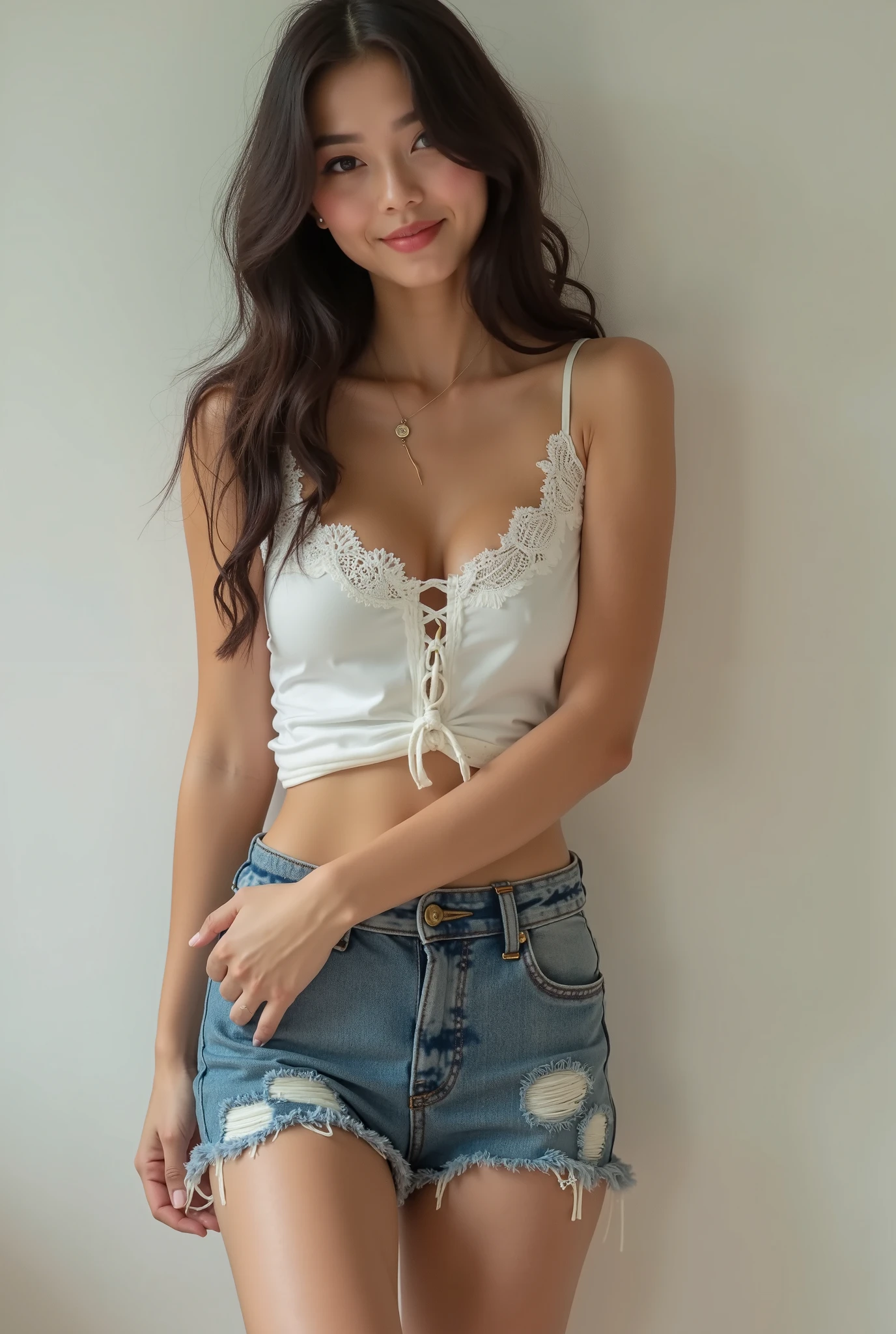 ((Highest quality, 8k, masterpiece:1.3、real:1.3))、Beautiful woman、snapshot:1.5、full body、sunglasses、Fashion Model、trend:1.5、Lace bustier、denim、real:1.5、City Walls