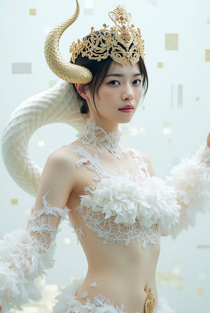 (masterpiece, top quality, best quality, official art, beautiful and aesthetic:1.2), full body nude photo ,front view, (1girl:1.3), extreme detailed,colorful,highest detailed ((ultra-detailed)), (highly detailed CG illustration), ((an extremely delicate and beautiful)),cinematic light,((vampire girl)),solo,full body,(machine made joints:1.2),(standing),slender body , (gold accessory attaching to the neck )medium breast, long curly red bronze hair , beautiful slender leg, turn body to the viewer,expressionless,(character focus),(crystal on forehead), smiling ,science fiction,white background, entire body nake , nude ,170cm tall ,bare pussy,show pussy,bare vagina,bare nude,no underwear,realistic ,(leaf headband on head:1.2), cute smile ,body tattoo ,futuristic theme background, full body jewelry, wearing veil, eight hands