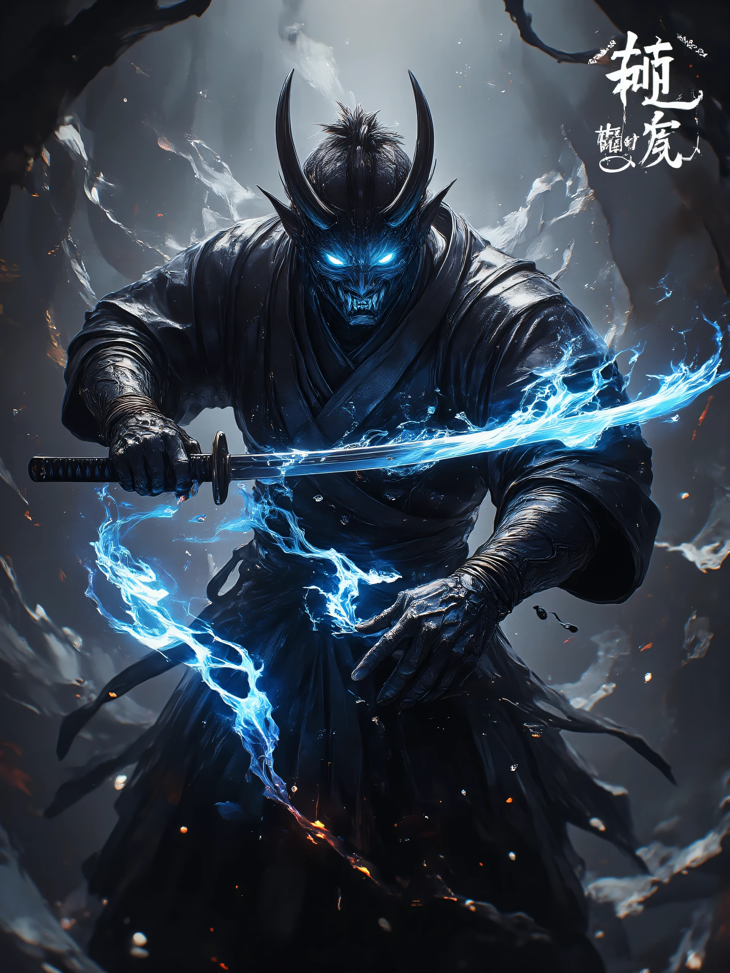 a demonic korean man with luminous eyes, glowing eyes, using the power of souls, magical effects around the character, character who extends his arm towards his katana, arm of the character who is magically absorbed by the katana, stylish character, demon horns, magic demonic color attire of the character, character does not hold a katana, only katana floating in front of the character, demon mask on the face, luminous eyes, demon magic around the character, underworld magic effects of several colors around the character, begins by being absorbed by his katana, katana standing and floating in front of the character, wearing loose korean clothes, long tied black hair, bare torso, wielding blue flames in the shape of a katana, (best quality,4k,8k,highres,masterpiece:1.2),ultra-detailed,(realistic,photorealistic,photo-realistic:1.37),dynamic action scene