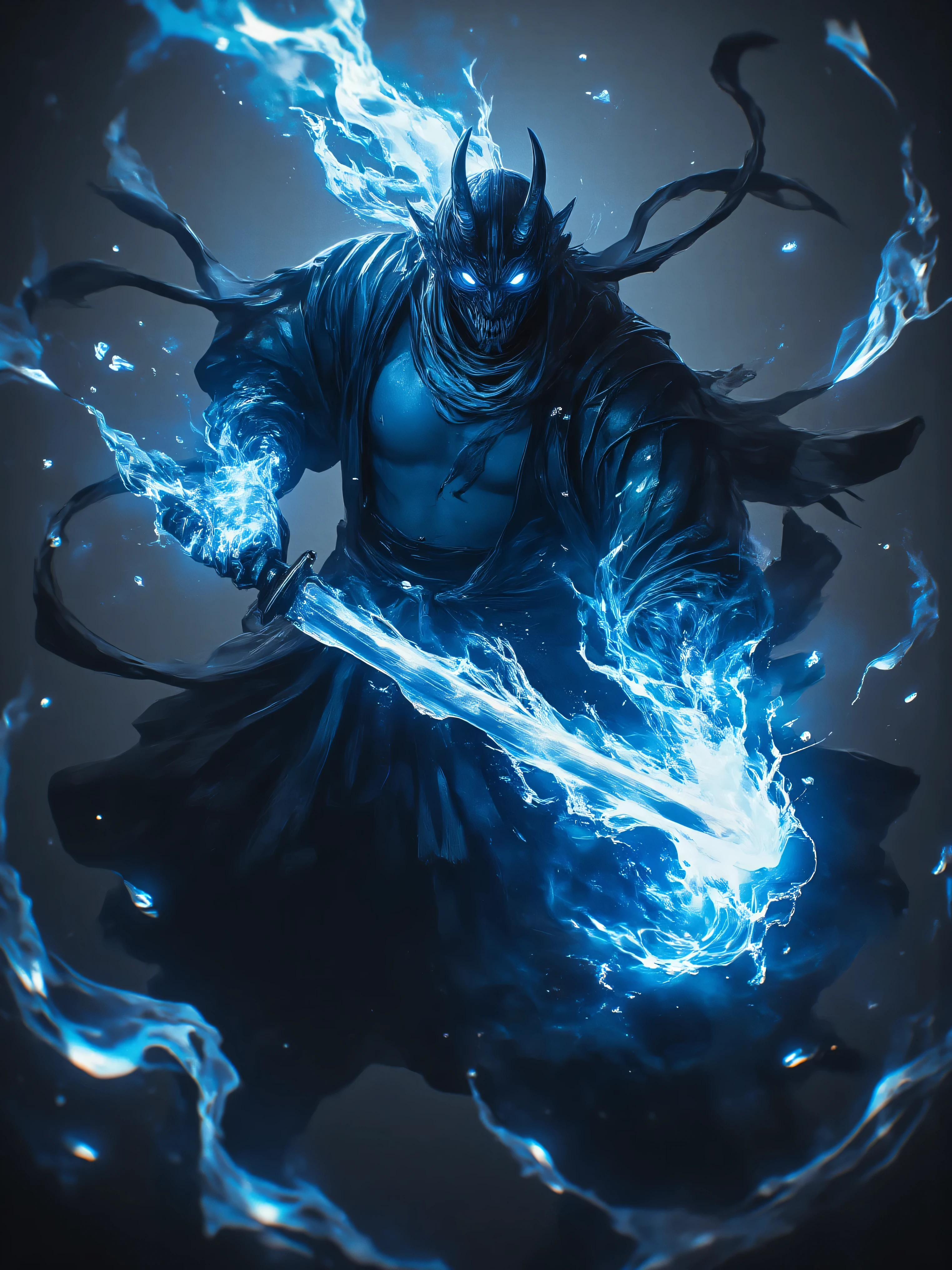 a demonic korean man with luminous eyes, glowing eyes, using the power of souls, magical effects around the character, character who extends his arm towards his katana, arm of the character who is magically absorbed by the katana, stylish character, demon horns, magic demonic color attire of the character, character does not hold a katana, only katana floating in front of the character, demon mask on the face, luminous eyes, demon magic around the character, underworld magic effects of several colors around the character, begins by being absorbed by his katana, katana standing and floating in front of the character, wearing loose korean clothes, long tied black hair, bare torso, wielding blue flames in the shape of a katana, (best quality,4k,8k,highres,masterpiece:1.2),ultra-detailed,(realistic,photorealistic,photo-realistic:1.37),dynamic action scene