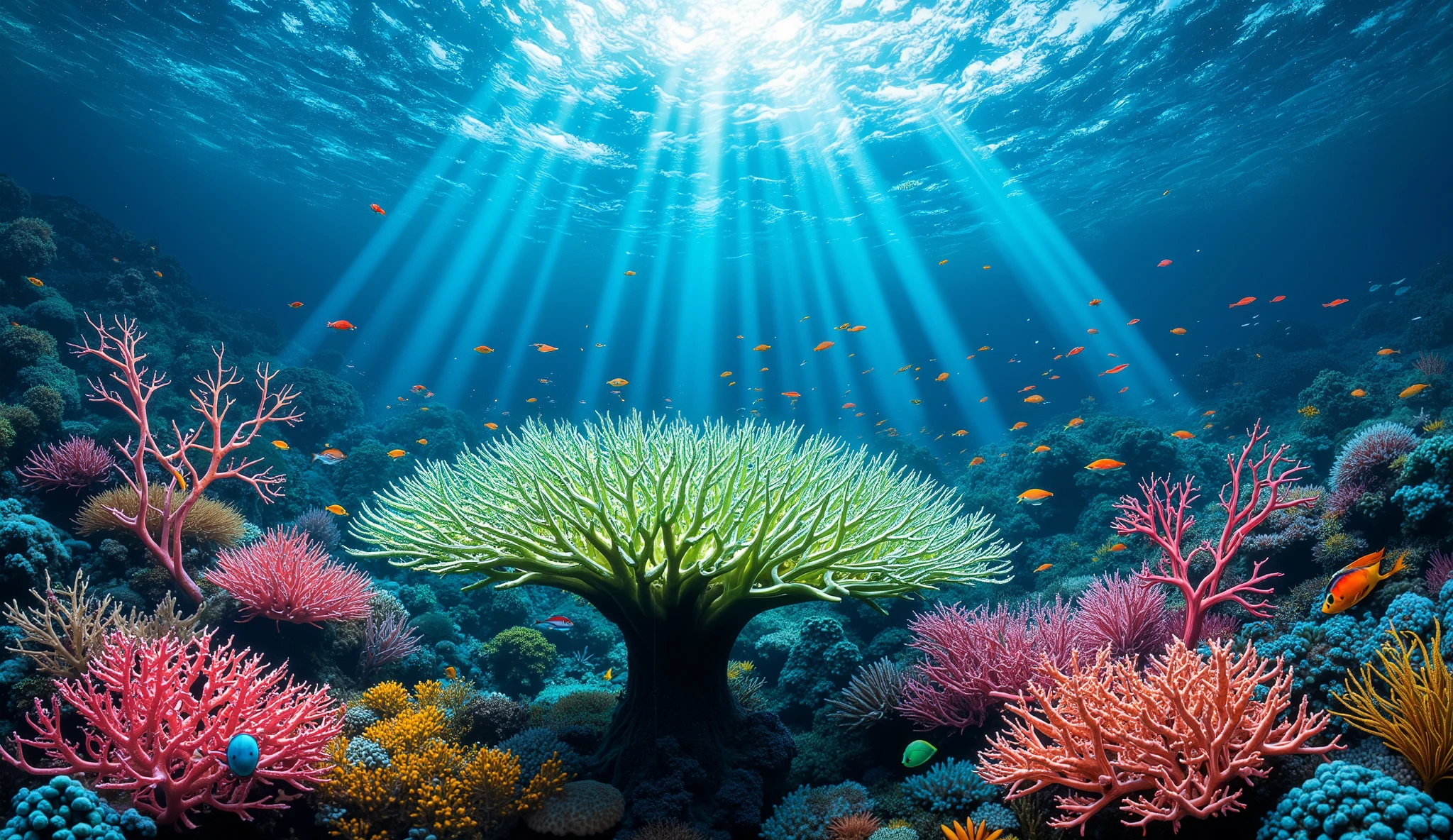 (In the water),  Underwater heaven   ,((At the center、A huge table coral with lots of fluorescent green branches is standing)),(( 密集した硬サンゴと軟サンゴのCoral Reef )),Realistic representation ,  shot with a fisheye lens   ,((   multiple fluorescent green corals   )), (( 10, in the natural coral group of 000 、 lots of colorful colors )), ( lots of butterfish are swimming  ),((   lots of fluorescent green and blue soft corals  )), Crystal clear water, ,  strong sunshine , 広大なCoral Reefで埋め尽くされています  ,  exquisite seaweed   ,(   lots of colorful tropical fish  ),  Lots of colorful tropical fish   ,   array of vibrant colors   ,  seahorses,  lots of fantastic starfish on the seabed  , life,   lively colors,  Serene atmosphere , Quiet, Swaying seaweed ,    large blue tropical fish   ) , (  best quality  ,  high resolution:1.2), (In the water photography), (  lively), (    Gentle Light Spreading in All Directions {x} Soft Diffused Lighting   ),  high chromatic coral orchestra , Vast ocean ,Coral Reef,
