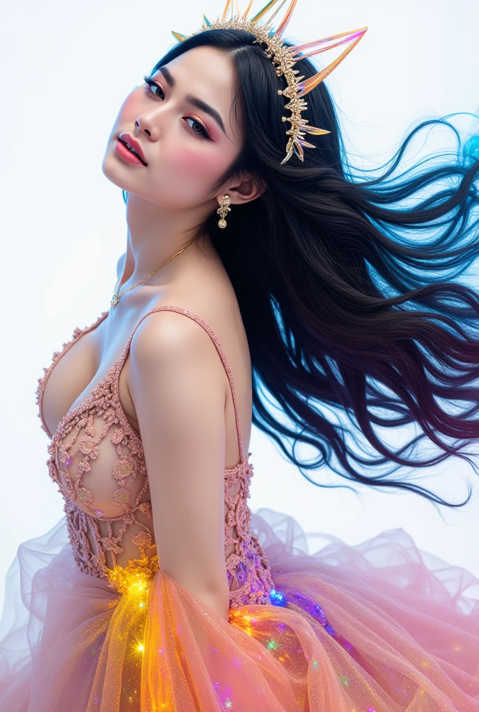 (highest quality, 32k, High resolution, masterpiece:1.5,), Haunting fantasy portrait in abstract style, ((In a swirl of fantastic pastel colors and soft light)), Evoking a sense of soothing tranquility and elusive beauty, Award-winning masterpiece with amazing details, cute woman, medium round breasts , perfect human anatomy, big magical eyes, gentle smile, ((Shiny detailed brown hair)), Long straight hair tousled by the wind, Beautiful asymmetrical bangs, hair between eyes, smooth and soft skin, thin eyebrows, clear double eyelids, Attractive pink lips, ((naked, Wrap your body in a transparent silk cloth)), High resolution perfect collarbone, High resolution beautiful bust, Slender body with round breasts, ((Colorful sparkling light effects:1.3)), summer blue sea, The blue, sparkling water surface reflecting light, bright sunshine, professional lighting, professional photographer, Professional models,mysterious