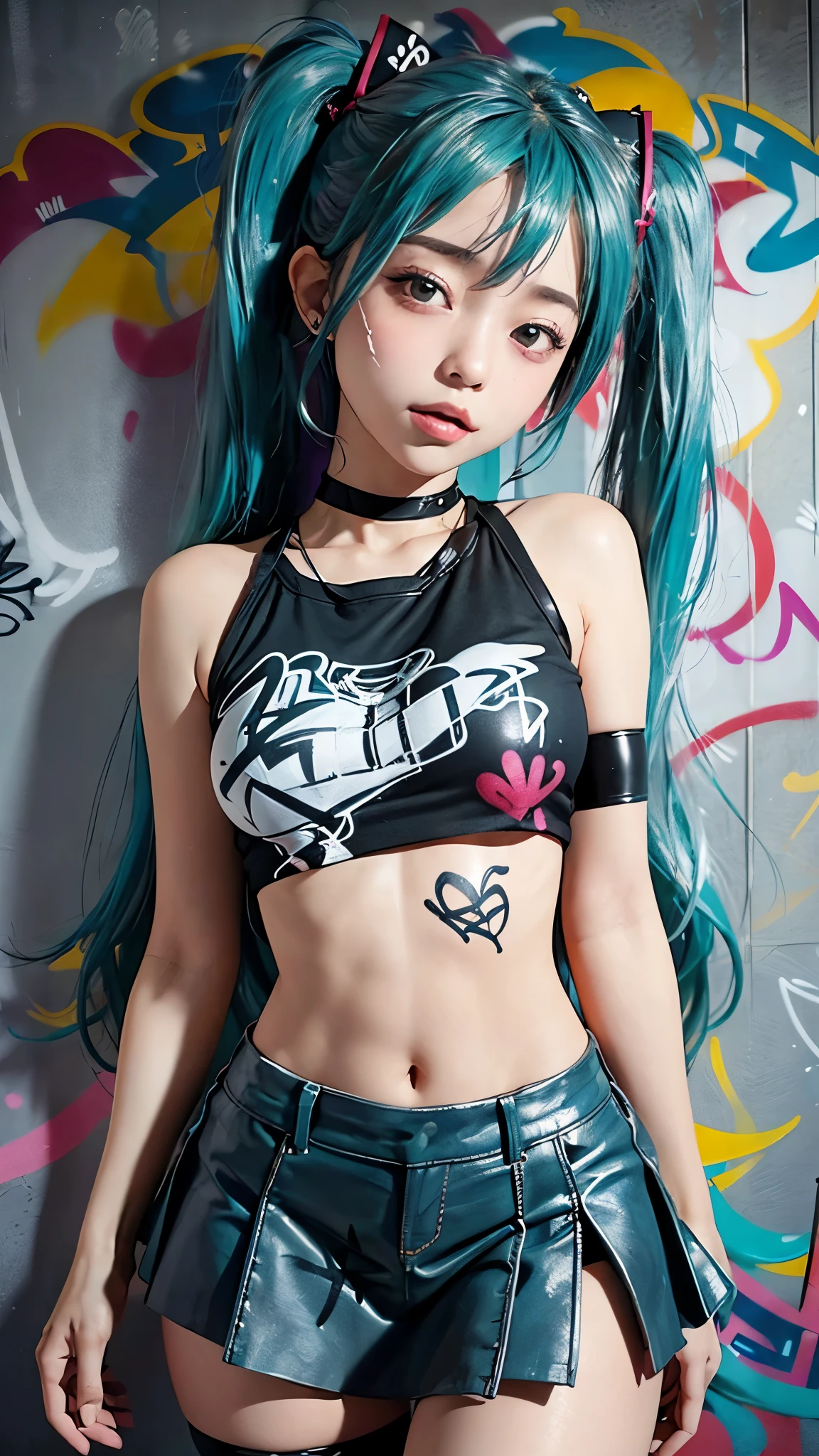 masterpiece, best quality, 1girl, solo, crop top, denim shorts, choker, (graffiti:1.5), paint splatter, arms behind back, against wall, looking at viewer, armband, thigh strap, paint on body, head tilt, bored, multicolored hair, aqua eyes, headset,