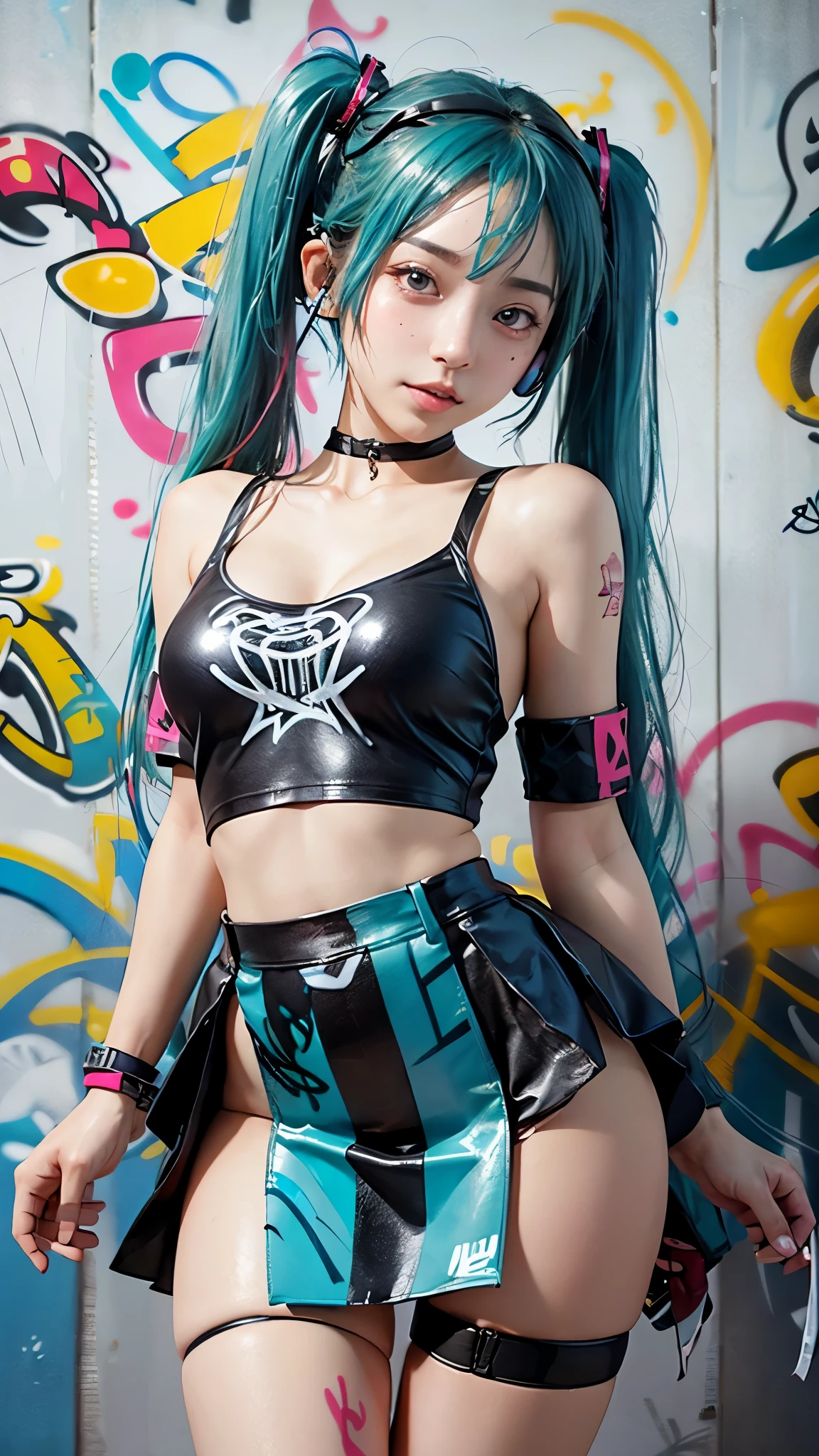 ((A girl on the steps)) with teal eyes. white mix black wavy hair. Sucking a purple lollipop. Wearing spike blackbleather waist bands. A leather corted with black leathr pleated wide skirt