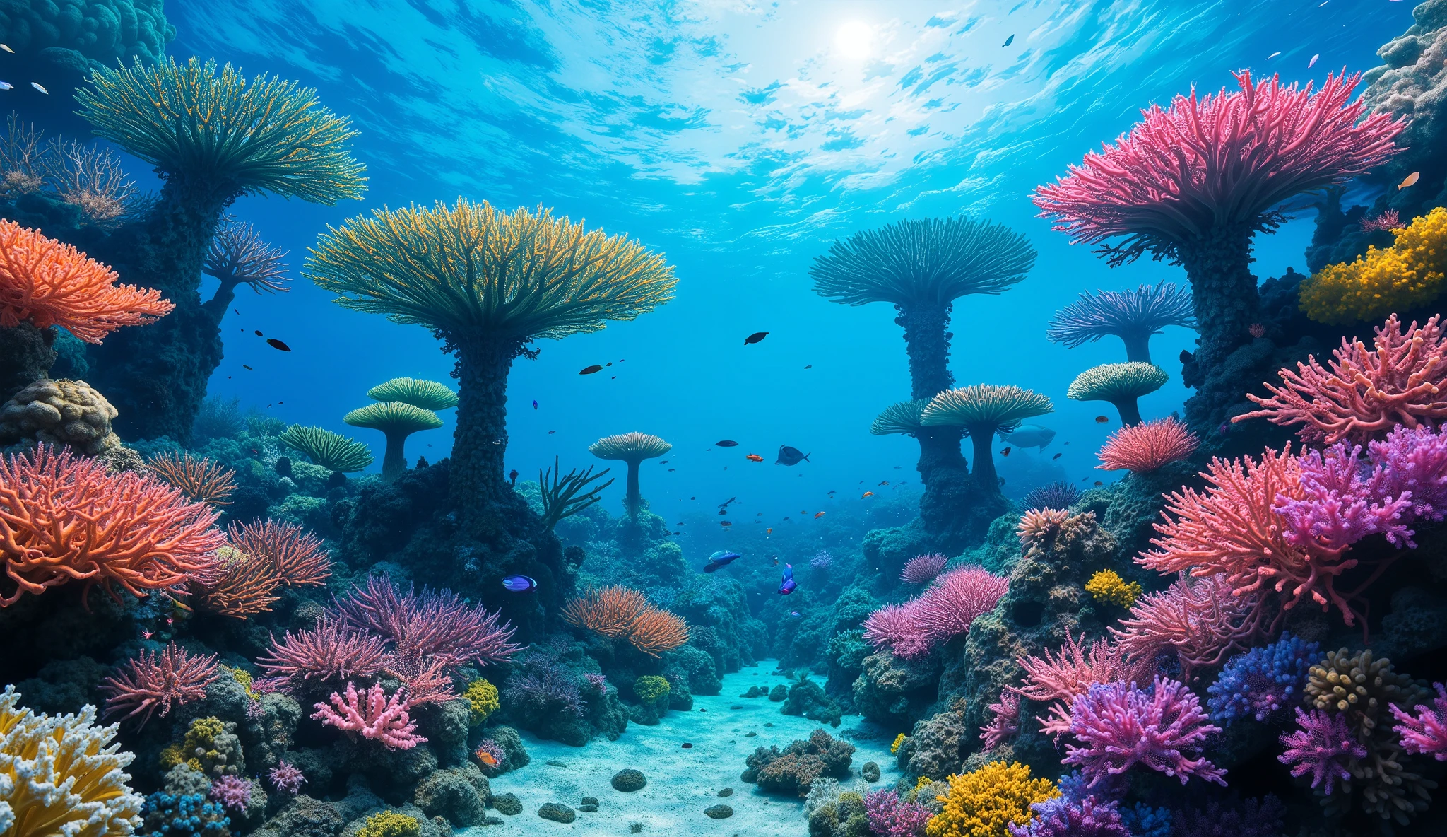 (In the water), Undersea heaven ,((Huge table corals with lots of fluorescent green branches stand in the center)),(( coral reefs with dense hard corals and soft corals )),Realistic Expression , shot with a fisheye lens  ,(( Multiple Fluorescent Green Corals )), (( are filled with 10,000 natural coral groups with lots of extremely colorful colors)), (Lots of butterfish are swimming ),(( lots of green and blue soft corals that emit fluorescent colors )), crystal clear water, , strong sunshine ,Vast coral reefs ,Detailed seaweed ,( lots of colorful tropical fish), large blue tropical fish , myriad cobalt sparrows , seahorses, lots of psychedelic starfish on the seabed , life,  lively colors, Serene atmosphere, Quiet, Swaying seaweed ,  array of vibrant colors ) , ( best quality , high resolution:1.2), (In the water photography), ( lively), (  soft diffused lighting  ), Orchestra of Highly Coloured Corals, Vast Seas ,Coral Reef,