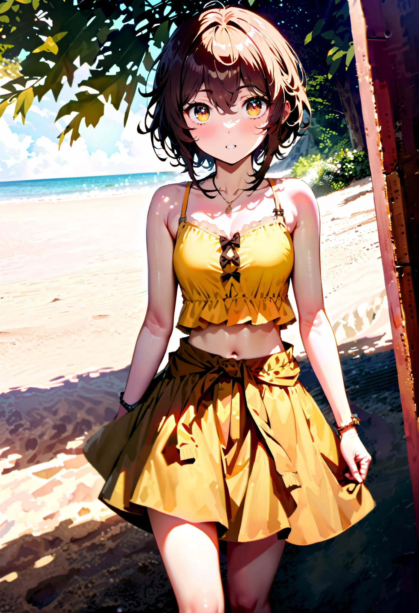score_9, score_8_ up, score_7_ up, source_Anime,
Liliru Card, Lilyrka is burning , brown eyes, tea hair, short hair, small tits ,Yellow bikini swimsuit,黒色 Beach サロン, I wear a long black skirt around my waist, walking ,Bare legs,whole bodyがイラストに入るように,
break looking at viewer,whole body,
break indoors, sandy beach, Beach ,,
break (Masterpiece:1.2), best quality , high resolution, Unity 8k Wallpaper , (shape:0.8), ( accurate and beautiful eyes :1.6), very elaborate face , Perfect Lighting , relies on extremely accurate CG , (perfect hand, perfect anatomy),
