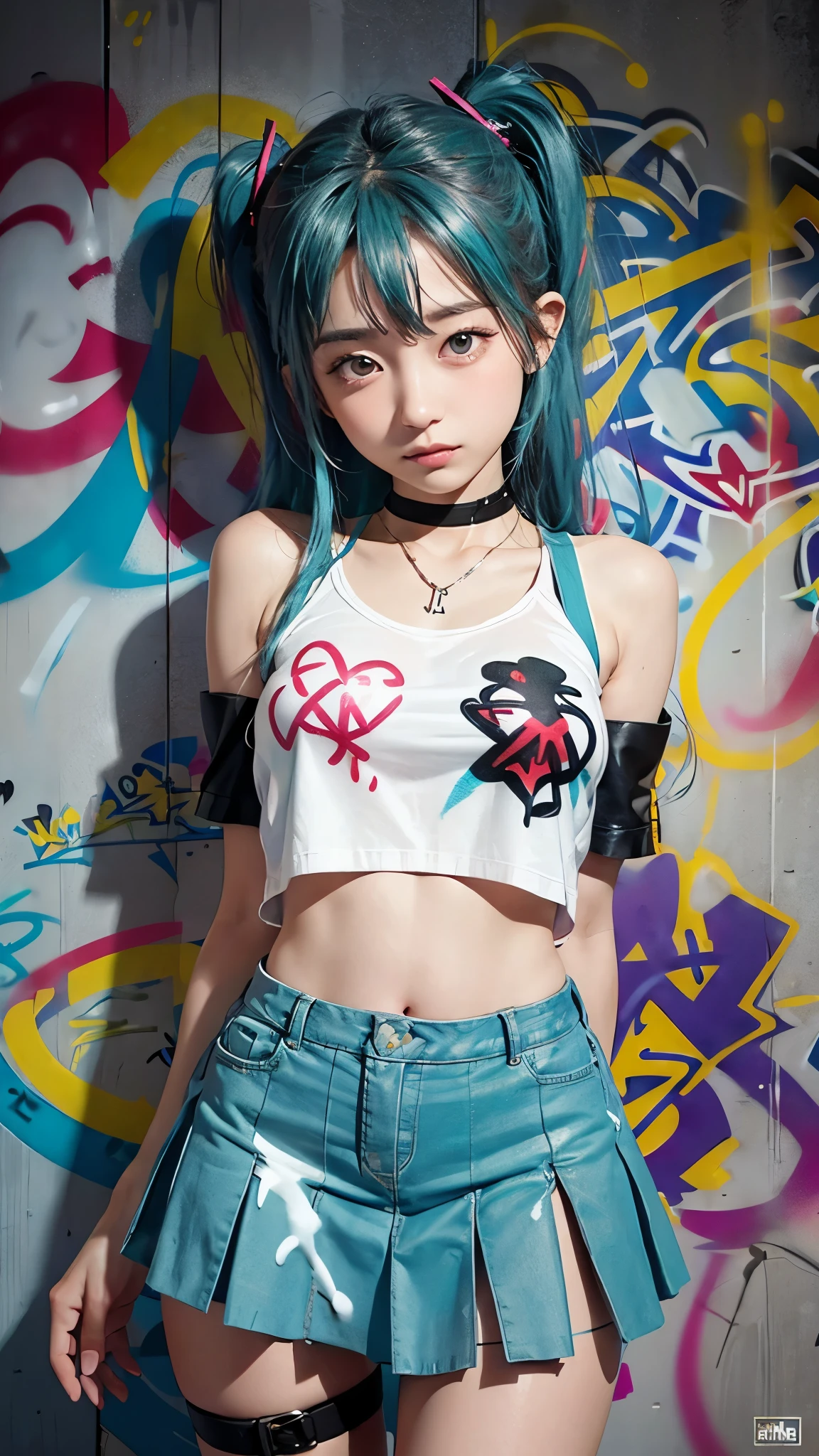masterpiece, best quality, 1girl, solo, crop top, denim shorts, choker, (graffiti:1.5), paint splatter, arms behind back, against wall, looking at viewer, armband, thigh strap, paint on body, head tilt, bored, multicolored hair, aqua eyes, headset,