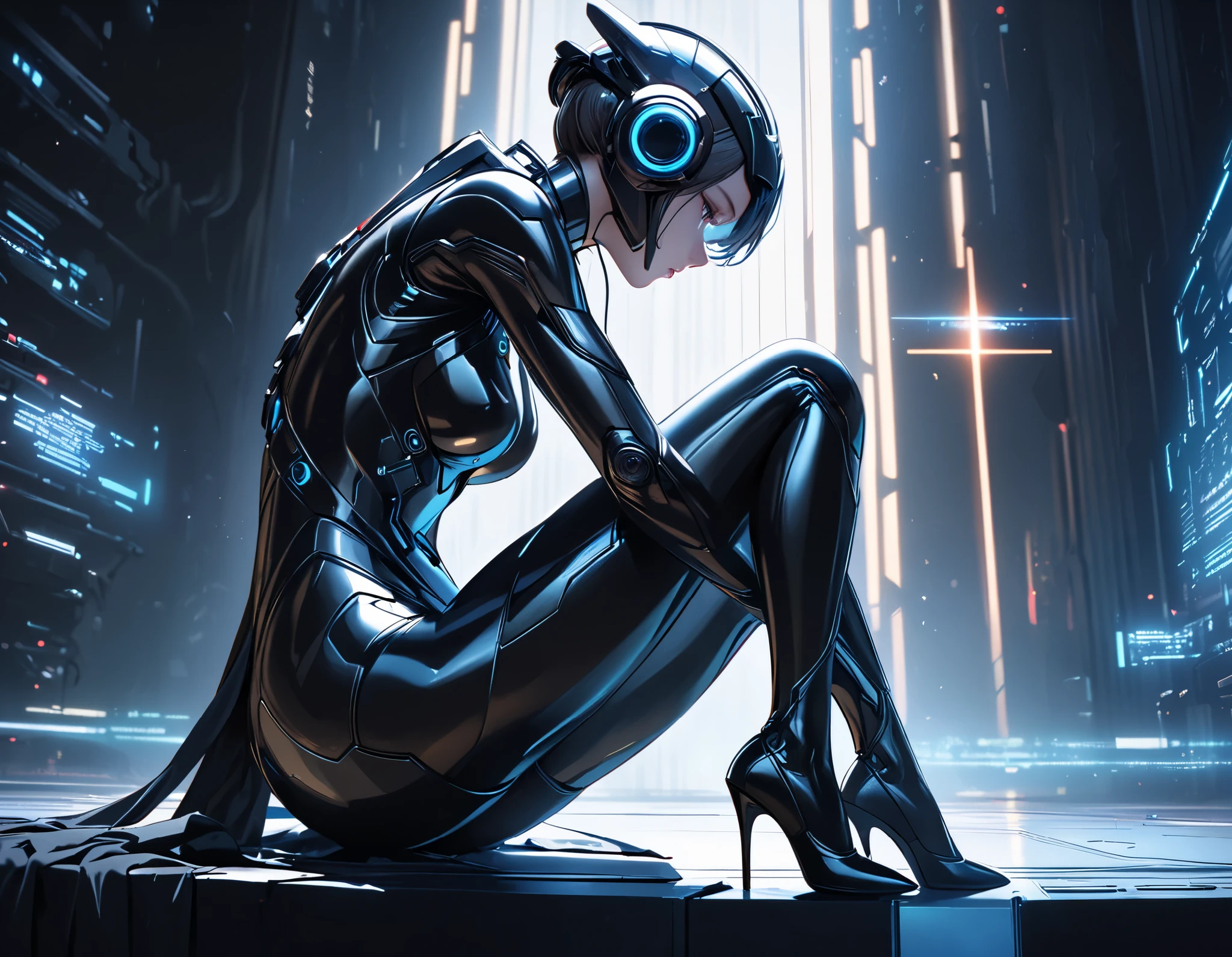 sparkle, cinematic lighting, UHD, (best quality:1.2), high quality, high details, ((anatomically correct)), textured skin, super detail, accurate, Cyberspace, SF, spectacle, independent woman, loneliness, sadness, high-performance costume, Beautiful legs, high heels, Metal suit that follows the contours of her body
