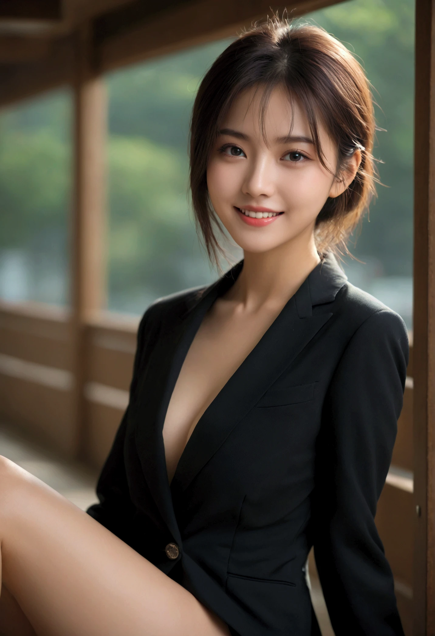 (8k, original photo, best quality, masterpiece: 1.45), (actual, lifelike: 1.37), One girl, Lovely, city View, professional lighting, photon mapping, Radiosity, Physically based rendering, gradient black hair, short curly hair, Handsome, girl, high quality photos, high resolution, 1080P, (clear face), (detailed facial description), (Detailed description of the hand), (masterpiece), (Exquisite CG), Extreme light and shadow, messy hair, masterpiece, Rich in details, (Exquisite facial features), (best quality photos), (masterpiece), (beautiful eyes),((top-quality、8K、​masterpiece: 1.erfect Body Beauty: 1.4、Slender Abs: 1.2、Beautiful woman with slender abs:1.3、(Highlight Haircutreast B Cup:1.2), medium breast, round shape breast, perfect shape breast, ((white underwear))) ((( black skirt and blazer))),(((sitting on chair, a bit open legs, panties, bra straps)) necklace, hyperdetailed face、18year old、 Pretty women、(Dark brown short-cut hair), Slim Face、Highly detailed facial and skin texture、very detailed lips、opens legs、top-quality、​masterpiece、超A high resolution、(Photorealsitic:1.4), long shot , (in park with blur background), bright background, sunset light,