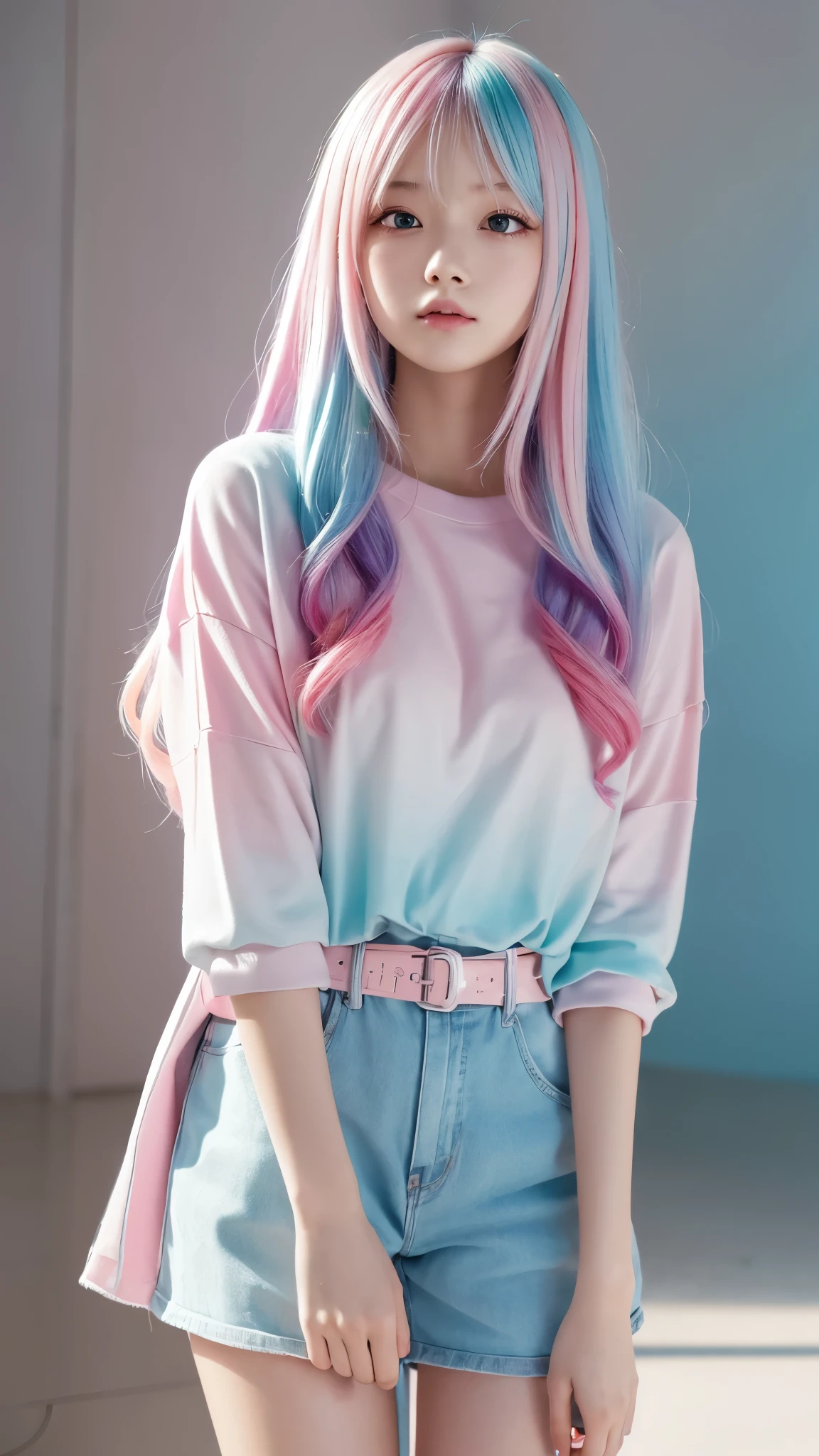 Fluffy hair,Flowing long hair,(Extra long hair),Shiny pink hair,Shiny hair,1 girl,Alone,blue eyes,(Pink hair),Pink hair,Looking at the audience,Smile,Makeup face print,Slender legs,(Bare Legs:1.3),Light-colored shorts,Black long-sleeved coat,outdoor,whole body((masterpiece)),((best quality))),((Ultra Detailed)),((illustration)),(solo),((Sing)),((extremely_detailed_eyes_and_face)),Colorful,Ray Tracing,petal,4K,8k,Fine details,Ultra-high resolution