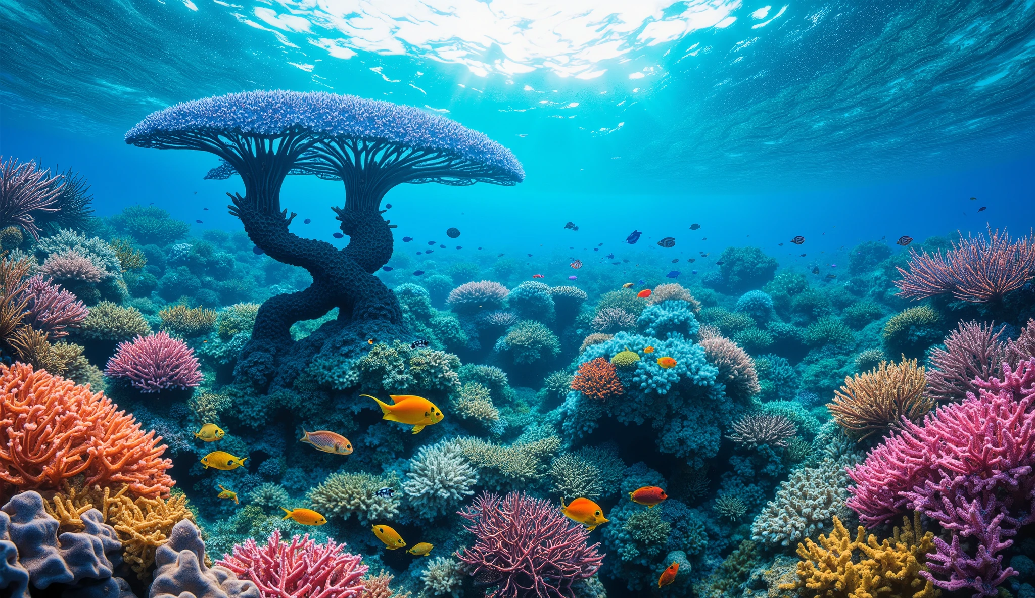 (In the water), Undersea heaven ,((Huge table corals with lots of fluorescent green branches stand in the center)),(( coral reefs with dense hard corals and soft corals )),Realistic Expression , shot with a fisheye lens  ,(( Multiple Fluorescent Green Corals )), (( are filled with 10,000 natural coral groups with lots of extremely colorful colors)), (Lots of butterfish are swimming ),(( lots of green and blue soft corals that emit fluorescent colors )), crystal clear water, , strong sunshine ,Vast coral reefs ,Detailed seaweed ,( lots of colorful tropical fish), large blue tropical fish , myriad cobalt sparrows , seahorses, lots of psychedelic starfish on the seabed , life,  lively colors, Serene atmosphere, Quiet, Swaying seaweed ,  array of vibrant colors ) , ( best quality , high resolution:1.2), (In the water photography), ( lively), (  soft diffused lighting  ), Orchestra of Highly Coloured Corals, Vast Seas ,Coral Reef,