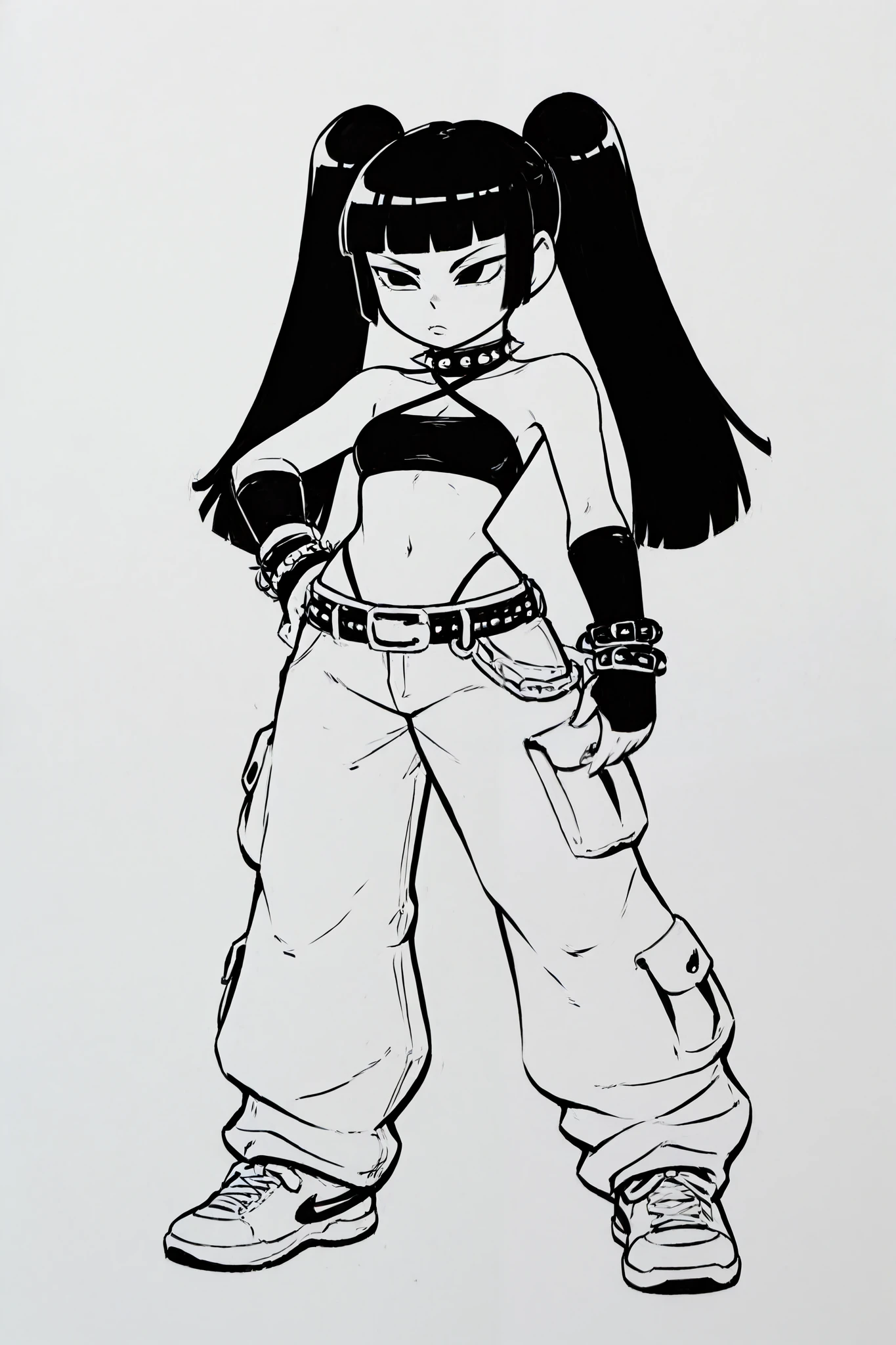 score_9, score_8_up, score_7_up, score_6_up, score_5_up, score_4_up, BREAK, source_anime, nico robin wearing a jacket with orange thighhighs and gigantic black boots, (nicoeh), blue eyes, (black footwear), black hair slicked back, long hair, cleavage, large breasts, gloves, midriff, navel, black panties, solo, hands on hips, looking at viewer, simple background, marker \(medium\), traditional media <lora:NicoRobinEggHeadXL:1>  <lora:OmarDogantXL:1>