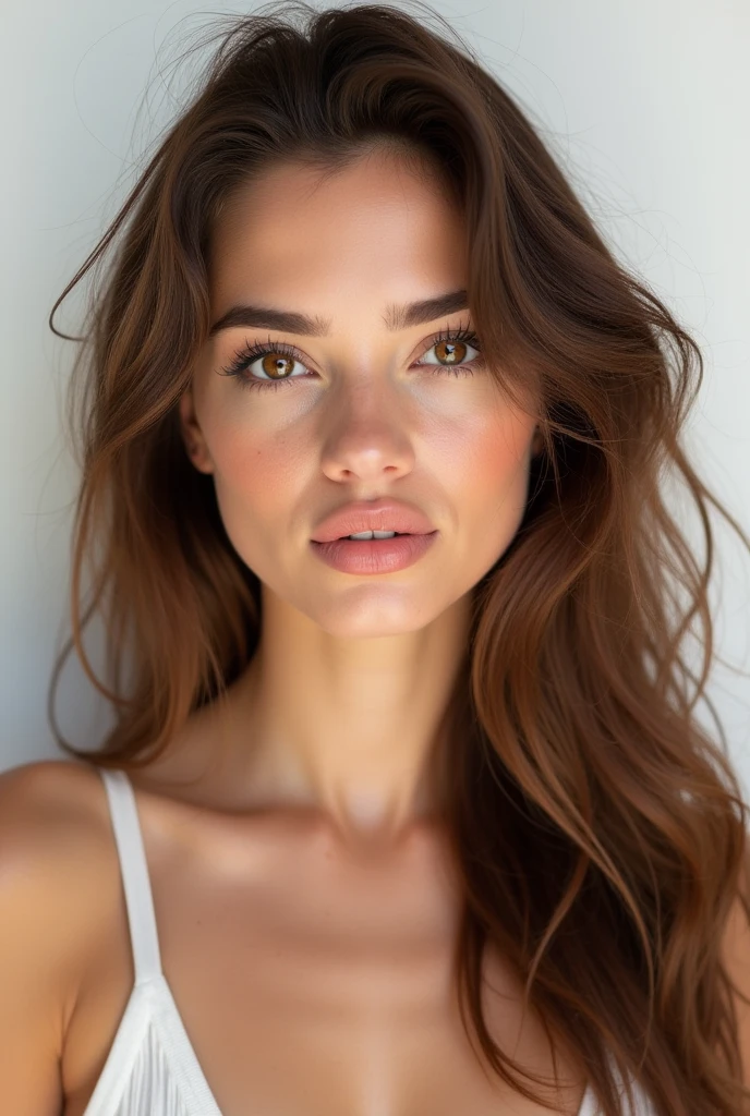 Realistic portrait of a beautiful 1 girl with Latin features, with tanned white skin, Brown eyes, long light brown hair. delicate facial features, Thin and thin lips with realistic texture, beautiful girl model body. regular well formed tits, detailed facial features. ultra realism, maximum resolution, masterpiece. extremely detailed skin, professional photography. white background in professional studio, Professional lighting that highlights the details, pores and skin textures.