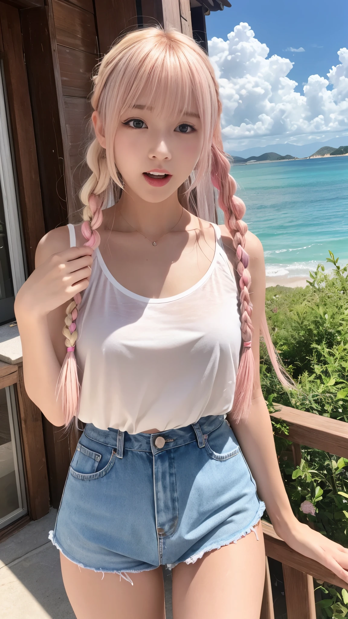 Sunburn marks on tanned skin、Multicolored hair color、Bangs on the face、Bangs between the eyes、A strong wind blows my hair in front of my face、Beautiful big sparkling eyes, Cute eyes hidden by long bangs、Yawn、No visible nasolabial folds、Short micro mini skirt、Multicolored patterned blouse、18 year old Korean beauty、Blonde French braid hair