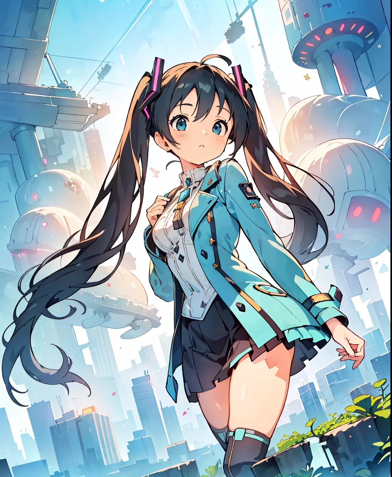 (Masterpiece、 best quality 、 best quality 、 Official Art、 beautiful and beautiful :1.2)、( One Girl:1.3) Hatsune Miku、 twin tails, beautiful breasts , best quality ,Masterpiece, illustration, very delicate and beautiful, very detailed on trends ,CG ,Unity ,8k wallpaper, wonderful, in detail, Masterpiece, best quality , Official Art, very detailed on trends CG Unity 8k wallpaper, is ridiculous, incredibly is ridiculous, Ultra Details, high resolution, very detailed on trends, beautiful detailed girl wearing a blue trench coat , light on face , 1 girl, Mecha, armor, Mechanical_body, black hair, Spaceship, city, cyberpunk, star_null,
