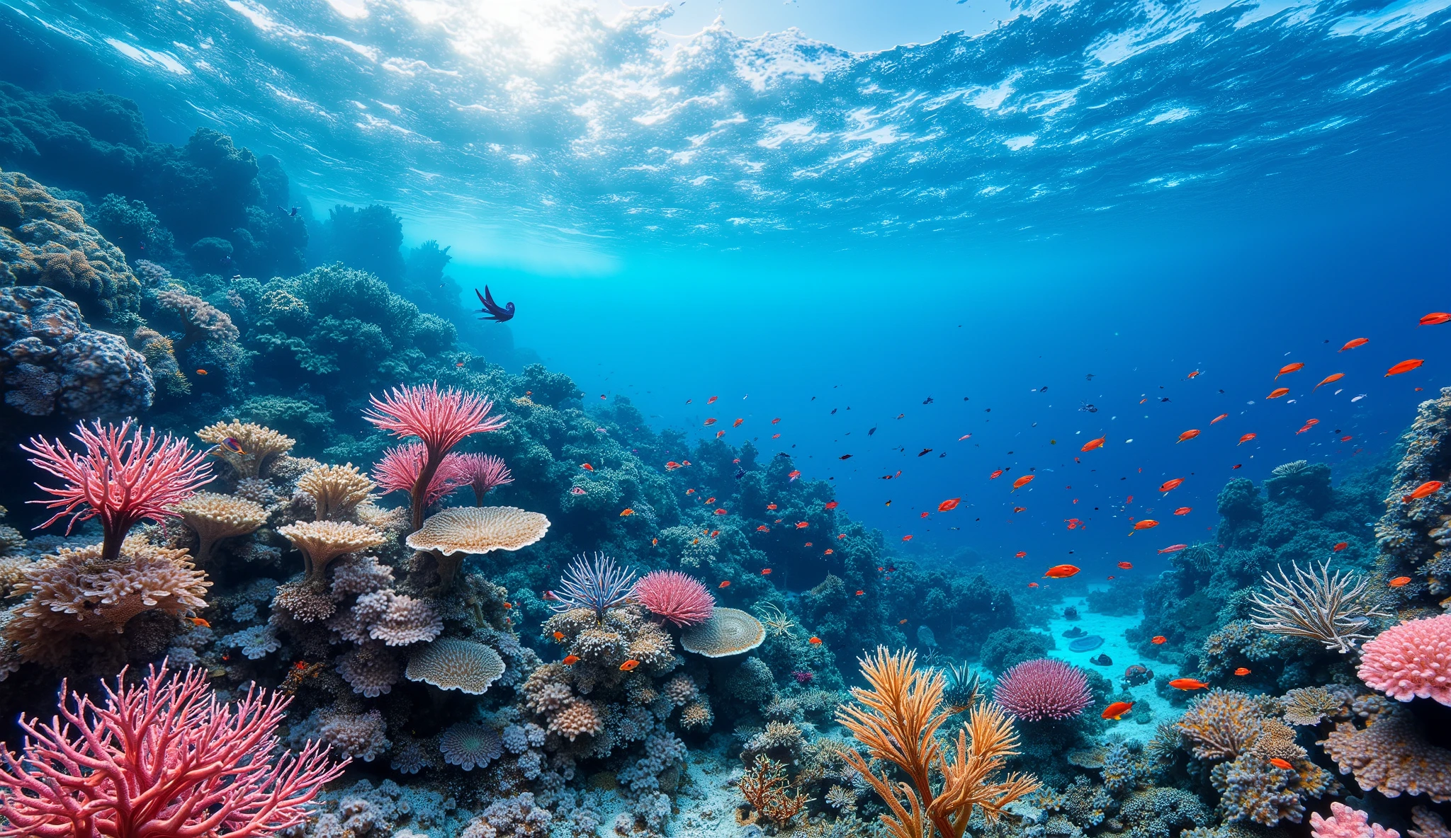 (In the water), Undersea heaven ,((Huge table corals with lots of fluorescent green branches stand in the center)),(( coral reefs with dense hard corals and soft corals )),Realistic Expression , shot with a fisheye lens  ,(( Multiple Fluorescent Green Corals )), (( are filled with 10,000 natural coral groups with lots of extremely colorful colors)), (Lots of butterfish are swimming ),(( lots of green and blue soft corals that emit fluorescent colors )), crystal clear water, , strong sunshine ,Vast coral reefs ,Detailed seaweed ,( lots of colorful tropical fish), large blue tropical fish , myriad cobalt sparrows , seahorses, lots of psychedelic starfish on the seabed , life,  lively colors, Serene atmosphere, Quiet, Swaying seaweed ,  array of vibrant colors ) , ( best quality , high resolution:1.2), (In the water photography), ( lively), (  soft diffused lighting  ), Orchestra of Highly Coloured Corals, Vast Seas ,Coral Reef,