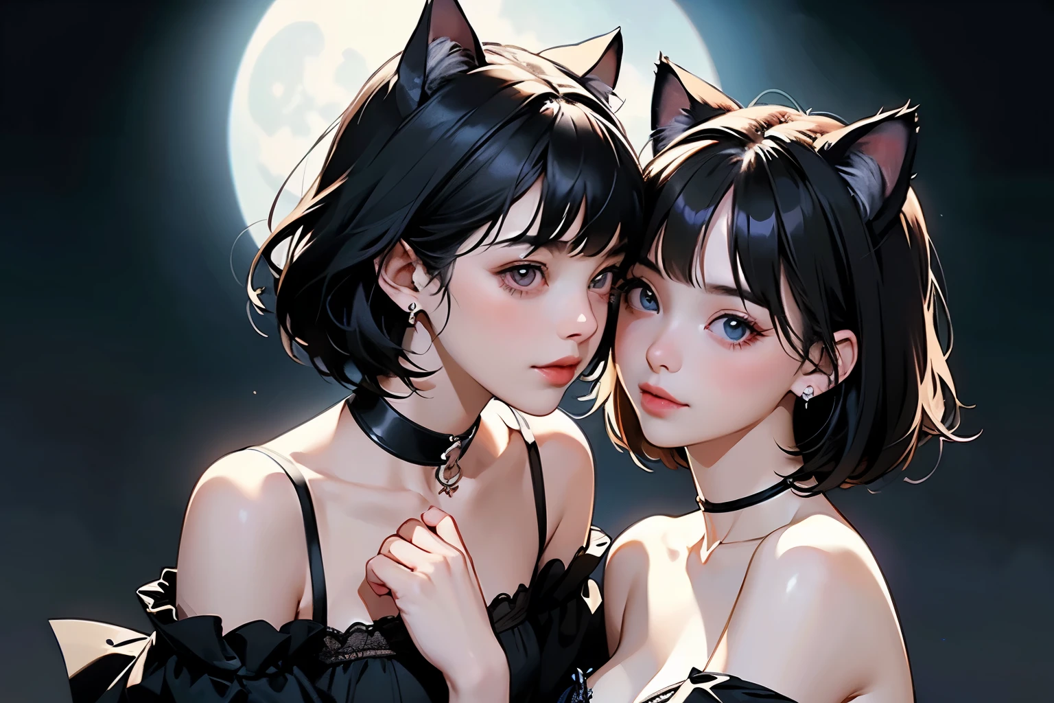 ( two girls :1.2)、whole body、( Gothic World Tea Party :1.2)、( gothic fashion :1.2)、( they're kissing each other )、 ( depict cute faces in detail )、 black hair、 short hair、 semi-long、 bob cut、 bangs、 hair ornament、(Cat ears)、 black cat costume、 White cat costume 、 choker 、( lingerie)、 off shoulder 、 sexy mini dress、, , , charming smile、 small breasts、 soft focus、 Cinematic Light 、Soft light、 ( simple background)、( dark background )、(( Use a plain background ))、(Full moon in the night sky:1.2)、4K Anime Art、( best quality , Masterpiece, high resolution)、