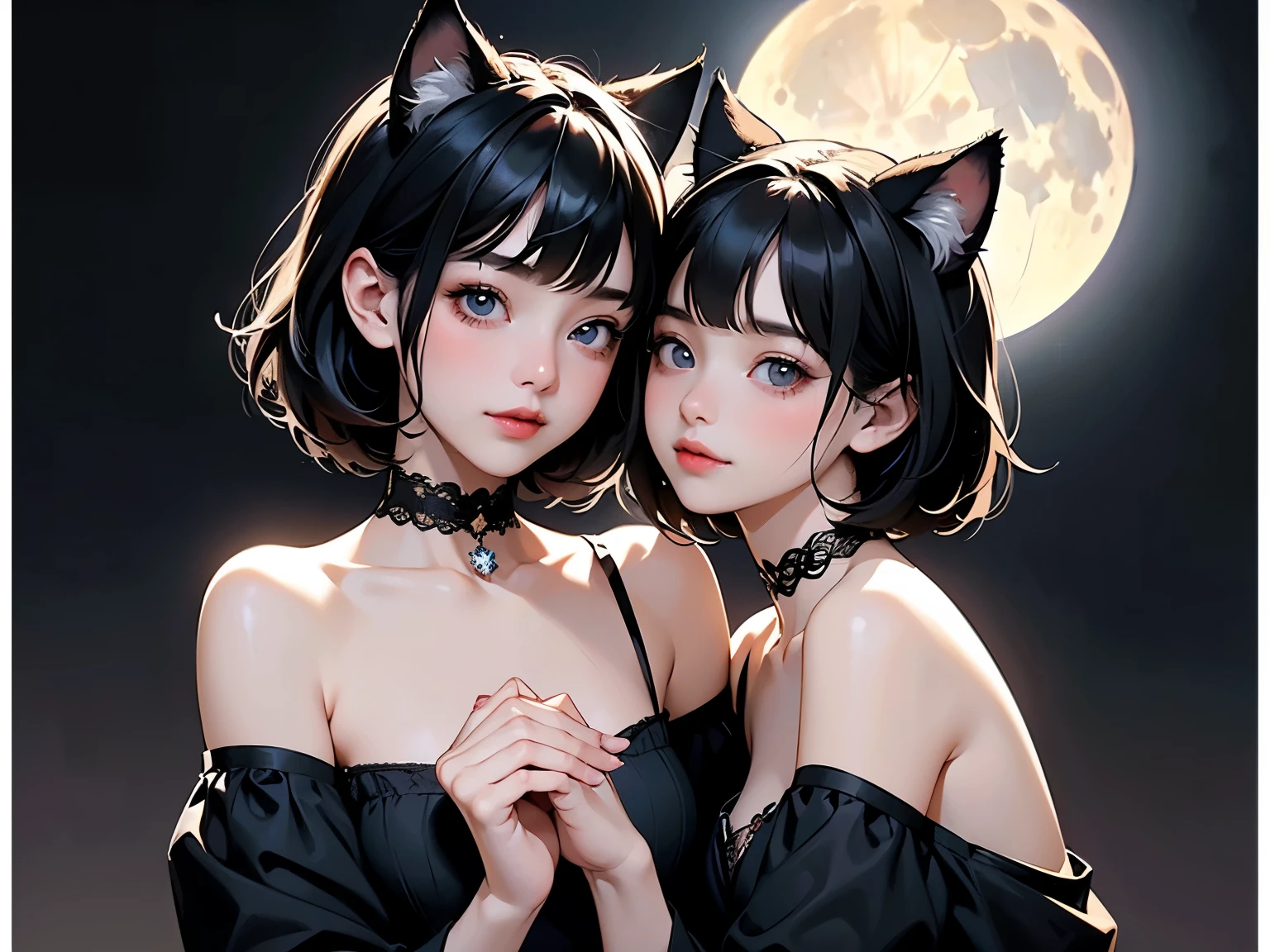 ( two girls :1.2)、whole body、( Gothic World Tea Party :1.2)、( gothic fashion :1.2)、( they're kissing each other )、 ( depict cute faces in detail )、 black hair、 short hair、 semi-long、 bob cut、 bangs、 hair ornament、(Cat ears)、 black cat costume、 White cat costume 、 choker 、( lingerie)、 off shoulder 、 sexy mini dress、, , , charming smile、 small breasts、 soft focus、 Cinematic Light 、Soft light、 ( simple background)、( dark background )、(( Use a plain background ))、(Full moon in the night sky)、4K Anime Art、( best quality , Masterpiece, high resolution)、