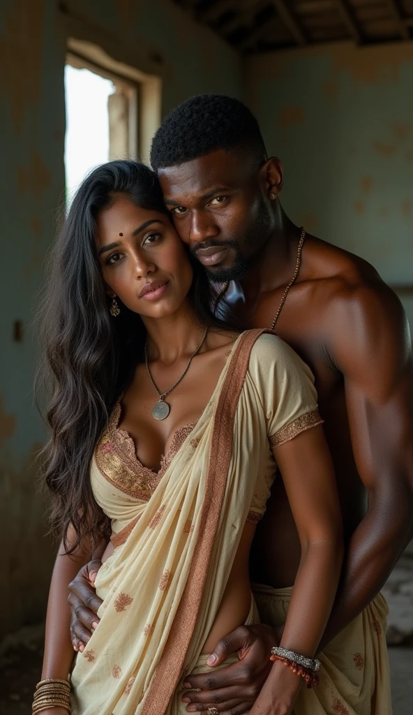 Indian newly wed couple, hot slim curvy white south indian milf with long single plaited hairstyle, big breast, big hip, very big ass, thick thighs, woman wearing loose-off shoulder top and leggings, bending over, looking at camera, man wearing vest and shorts, man and woman looking at camera,