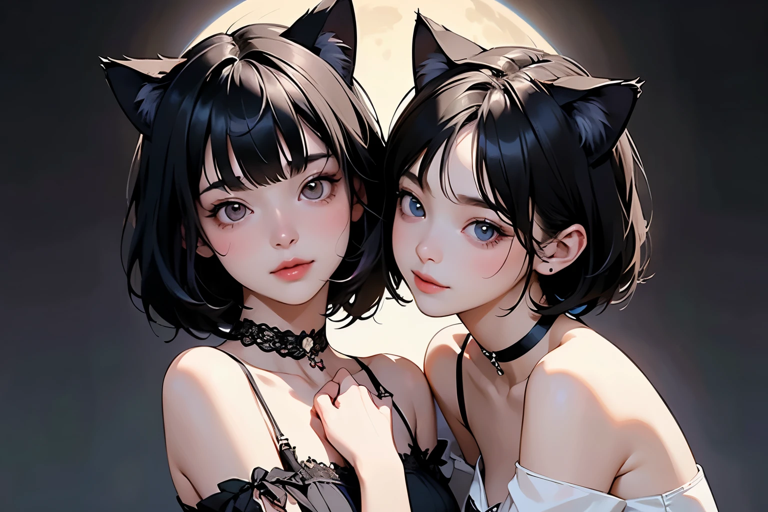 ( two girls :1.2)、whole body、( Gothic World Tea Party :1.2)、( gothic fashion :1.2)、( they're kissing each other )、 ( depict cute faces in detail )、 black hair、 short hair、 semi-long、 bob cut、 bangs、 hair ornament、(Cat ears)、 black cat costume、 White cat costume 、 choker 、( lingerie)、 off shoulder 、 sexy mini dress、, , , charming smile、 small breasts、 soft focus、 Cinematic Light 、Soft light、 ( simple background)、( dark background )、(( Use a plain background ))、(Full moon in the night sky)、4K Anime Art、( best quality , Masterpiece, high resolution)、