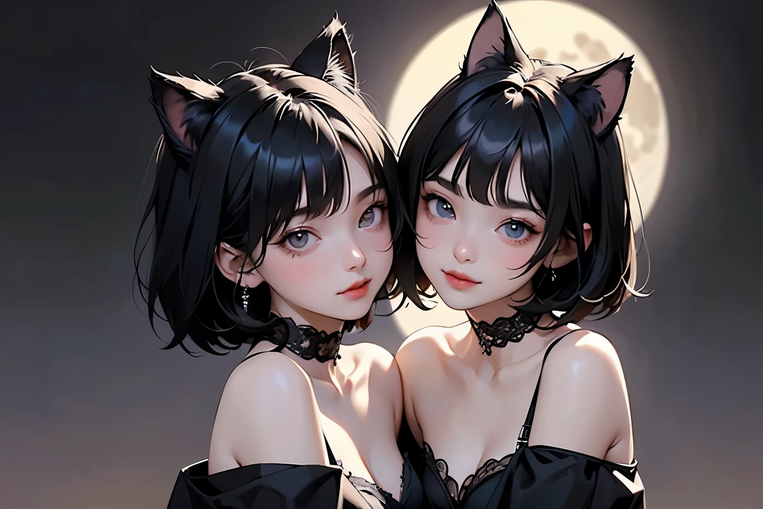 ( two girls :1.2)、whole body、( Gothic World Tea Party :1.2)、( gothic fashion :1.2)、( they're kissing each other )、 ( depict cute faces in detail )、 black hair、 short hair、 semi-long、 bob cut、 bangs、 hair ornament、(Cat ears)、 black cat costume、 White cat costume 、 choker 、( lingerie)、 off shoulder 、 sexy mini dress、, , , charming smile、 small breasts、 soft focus、 Cinematic Light 、Soft light、 ( simple background)、( dark background )、(( Use a plain background ))、(Full moon in the night sky)、4K Anime Art、( best quality , Masterpiece, high resolution)、
